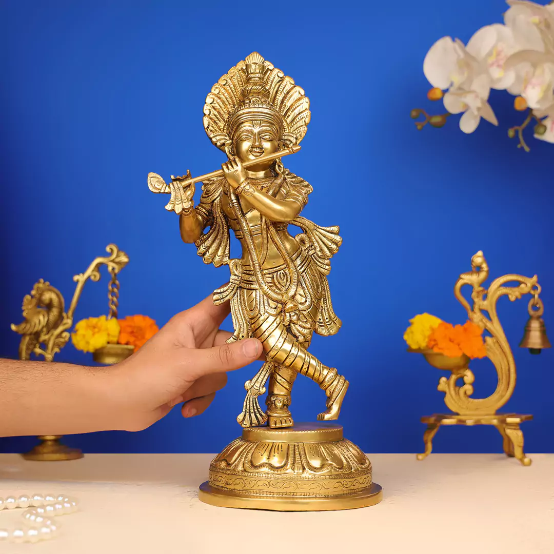 15" Brass Lord Krishna Murlidhar Idol Standing On Leaf Design Base - Image 6