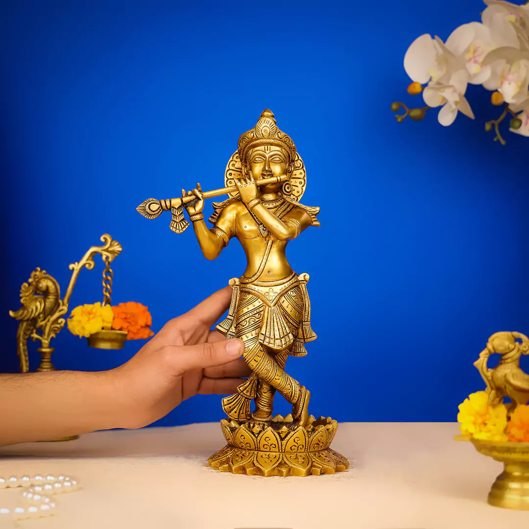 13" Brass Lord Krishna Murlidhar Idol Standing On Lotus Base - Image 3