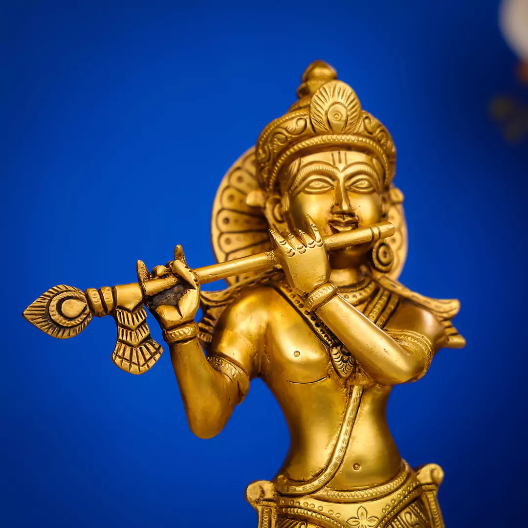 13" Brass Lord Krishna Murlidhar Idol Standing On Lotus Base - Image 4