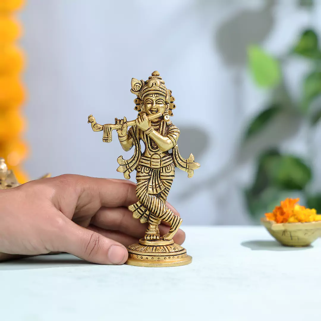 6" Super Fine Brass Lord Krishna Fluting Idol on Round Base - Image 3