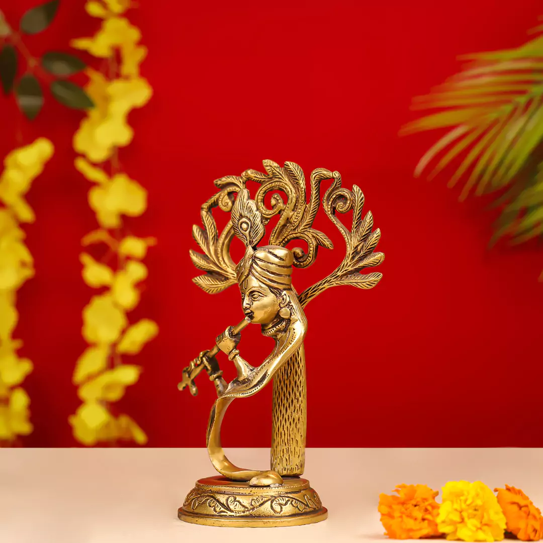 9" Brass Modern Krishna Fluting Under Tree Idol - Image 3