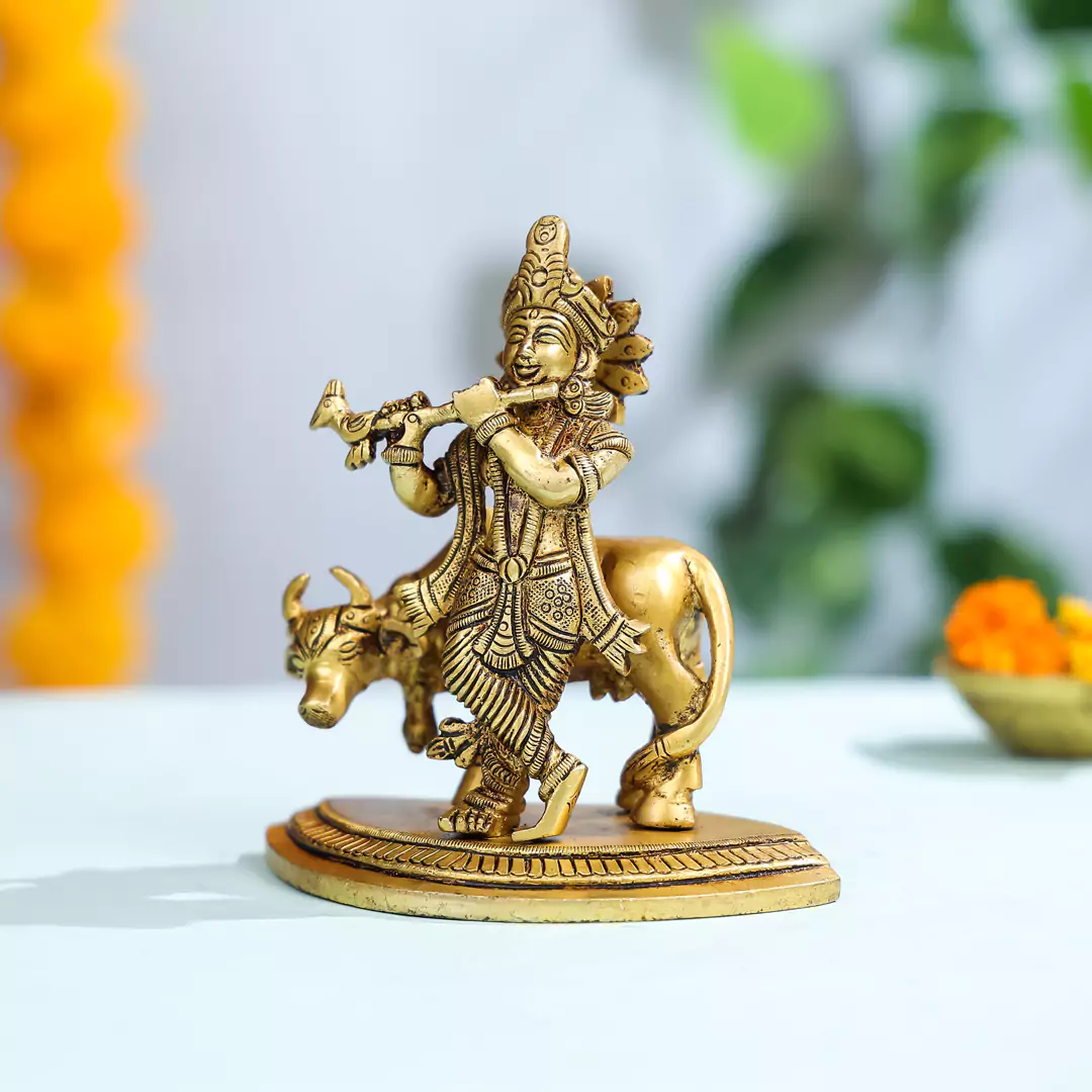 6" Brass Superfine Lord Krishna With Cow in Background Idol on Semi-Circular Base - Image 2