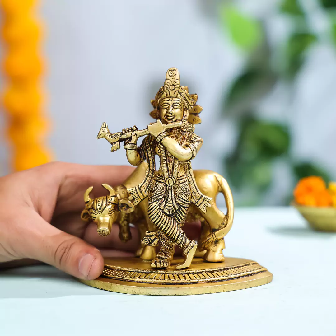 6" Brass Superfine Lord Krishna With Cow in Background Idol on Semi-Circular Base - Image 3