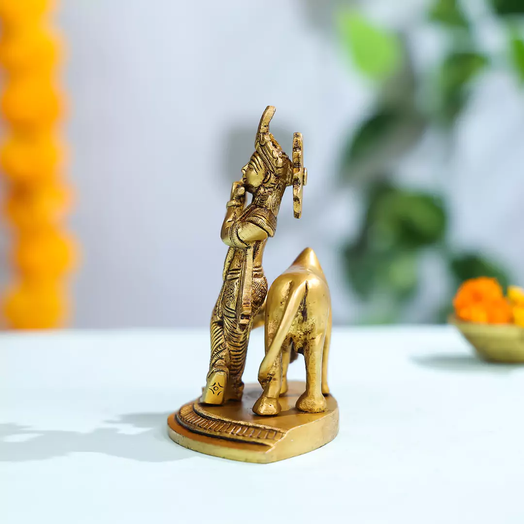 6" Brass Superfine Lord Krishna With Cow in Background Idol on Semi-Circular Base - Image 4