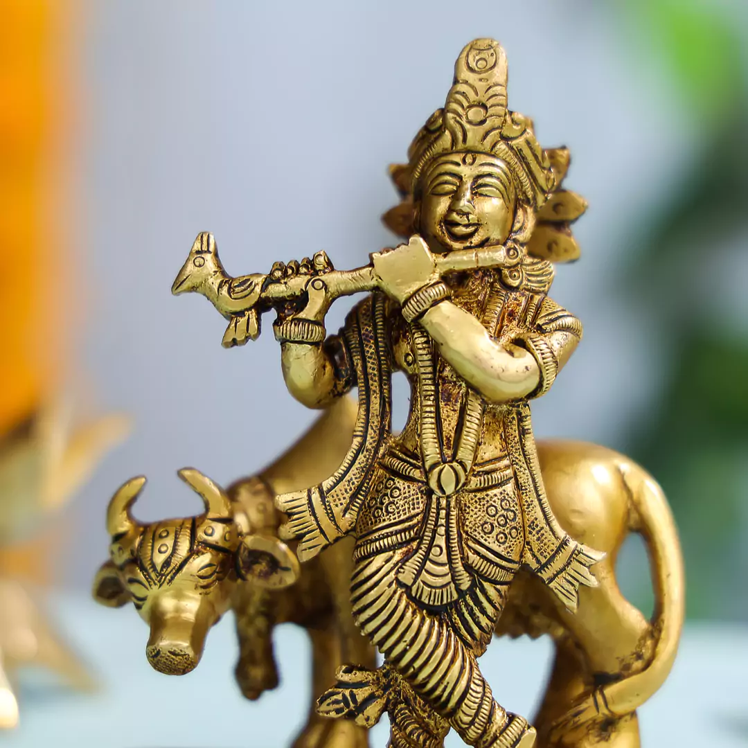 6" Brass Superfine Lord Krishna With Cow in Background Idol on Semi-Circular Base - Image 5