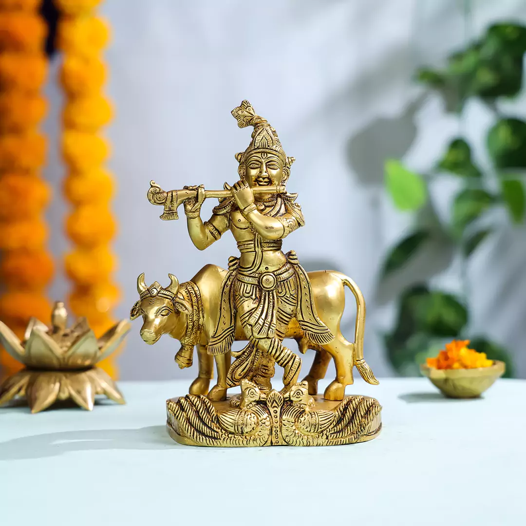 9" Brass Lord Krishna With Cow In Background