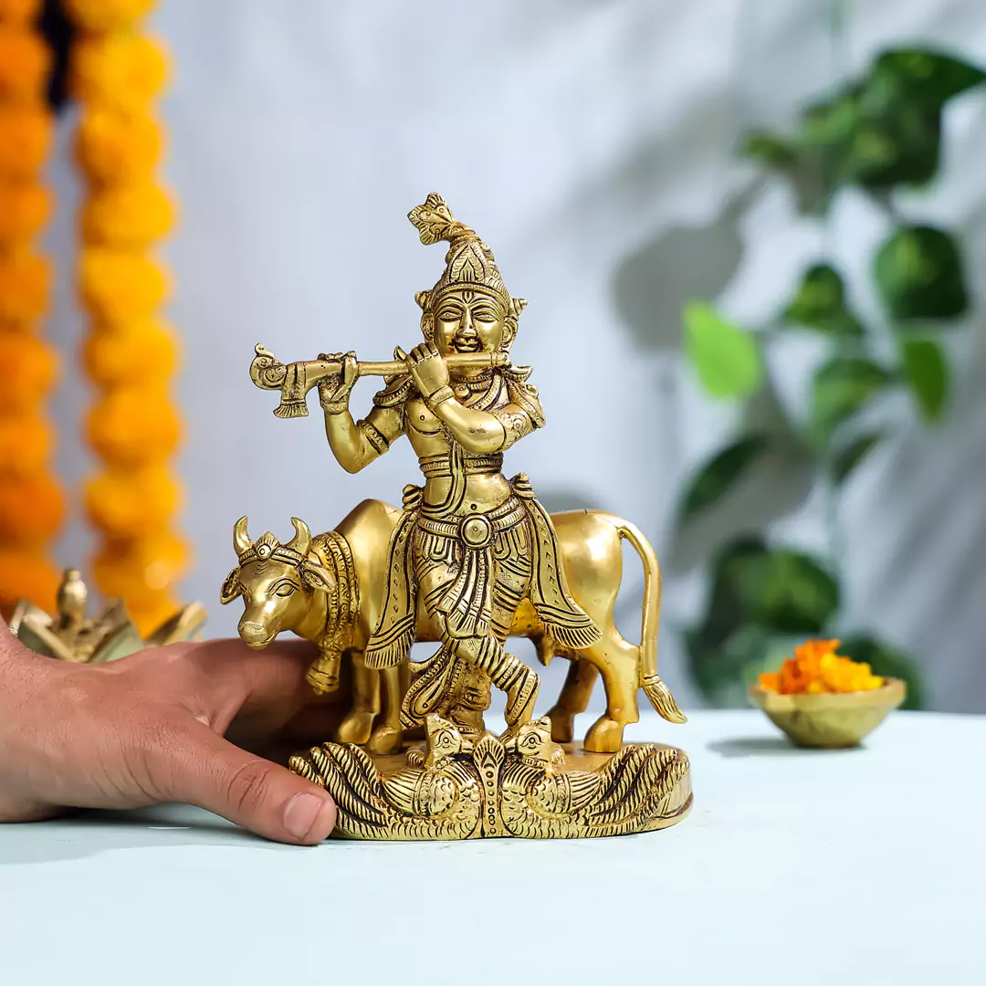 9" Brass Lord Krishna With Cow In Background - Image 4