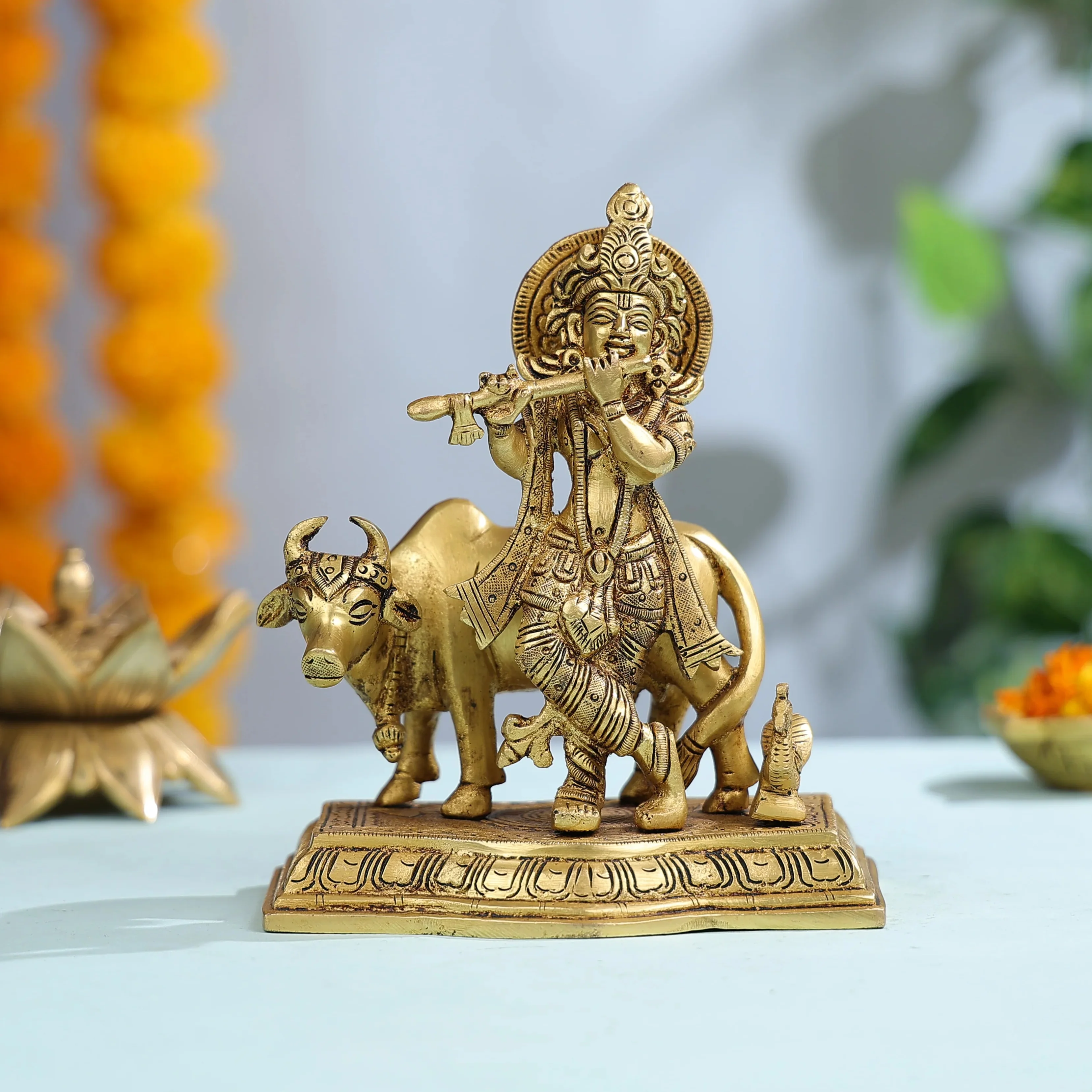 7" Brass Lord Krishna With Cow In Background