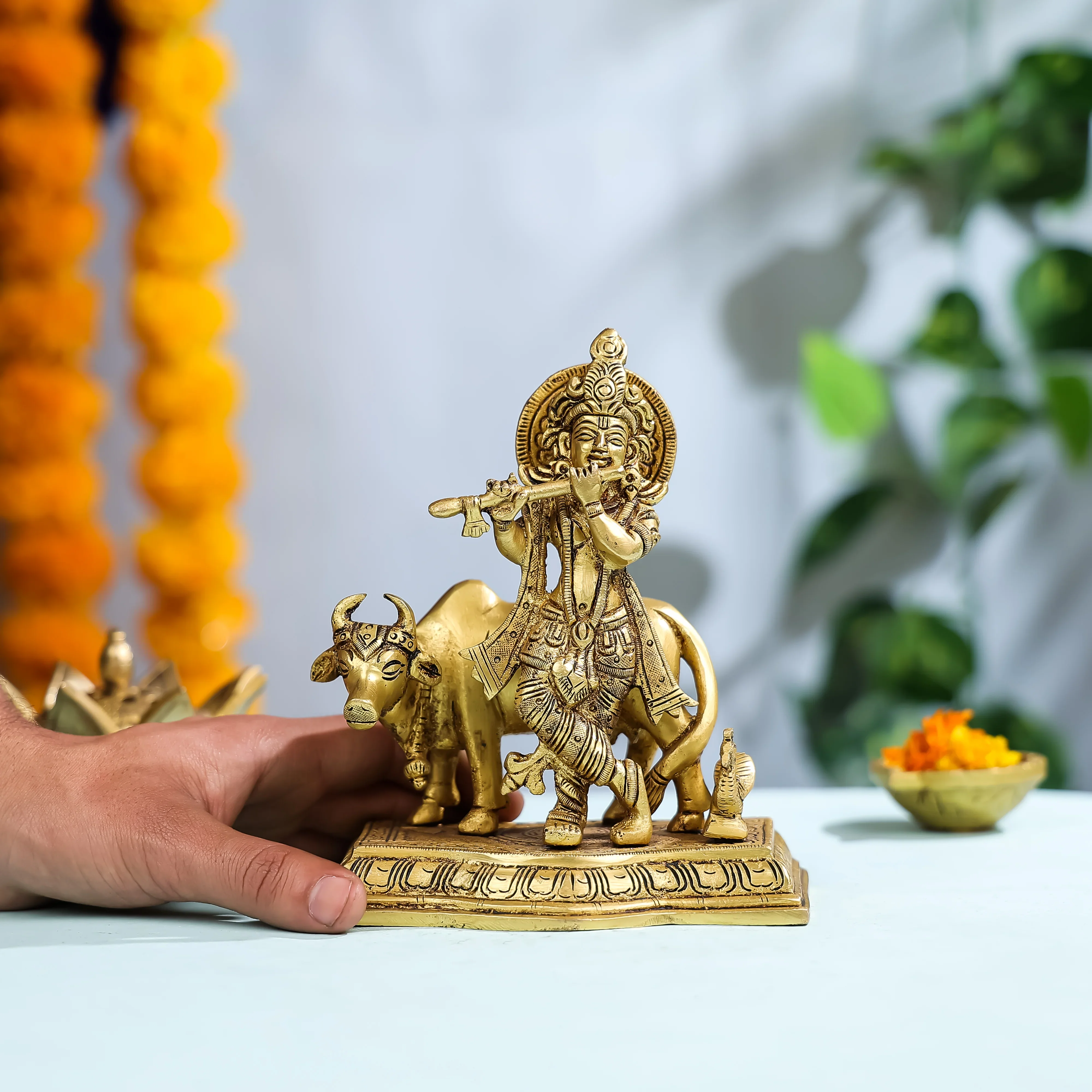 7" Brass Lord Krishna With Cow In Background - Image 3