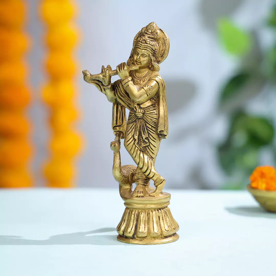 Brass Lord Krishna With Peacock - Image 2