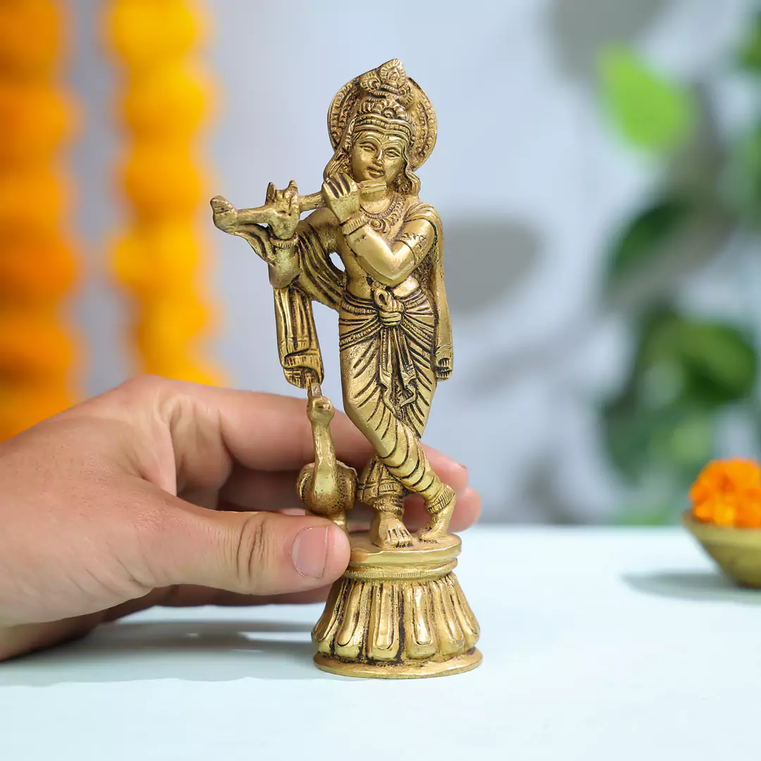 Brass Lord Krishna With Peacock - Image 4