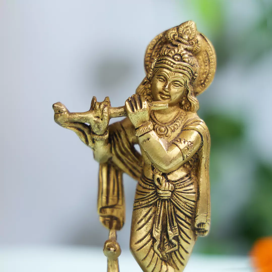 Brass Lord Krishna With Peacock - Image 5