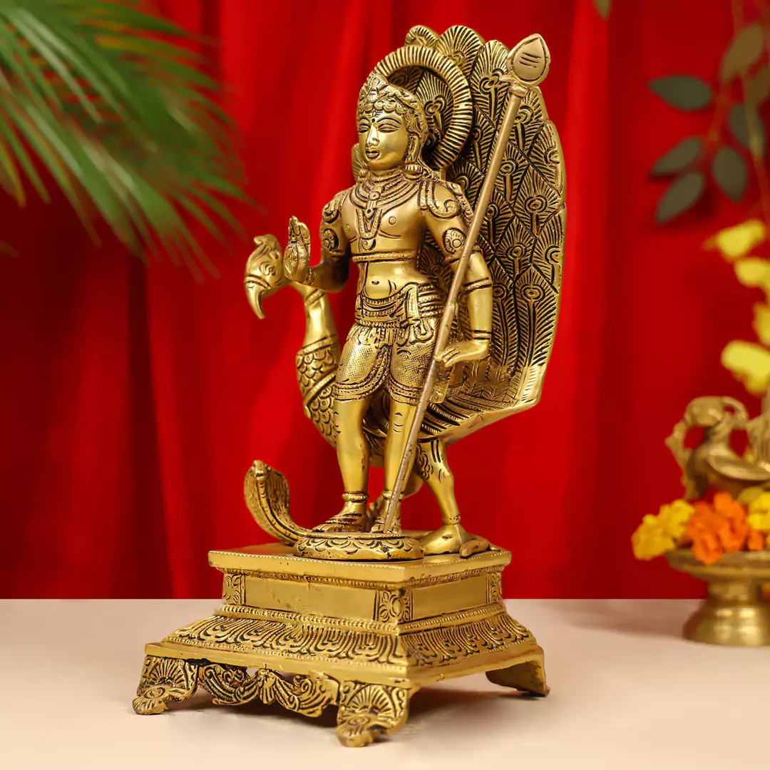 12" Brass Lord Murugan Idol (Kartikeya) Standing On Pedestal With Peacock - Image 3
