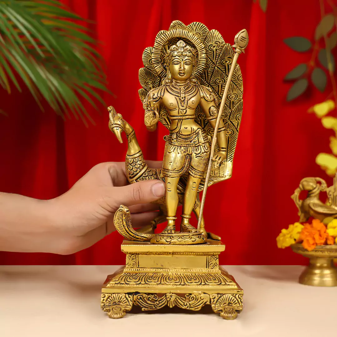 12" Brass Lord Murugan Idol (Kartikeya) Standing On Pedestal With Peacock - Image 5