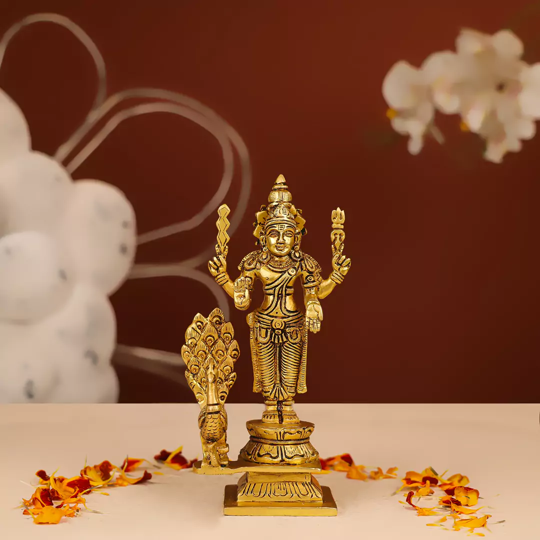 8" Brass Kartikeya Murugan Swami With Peacock Idol