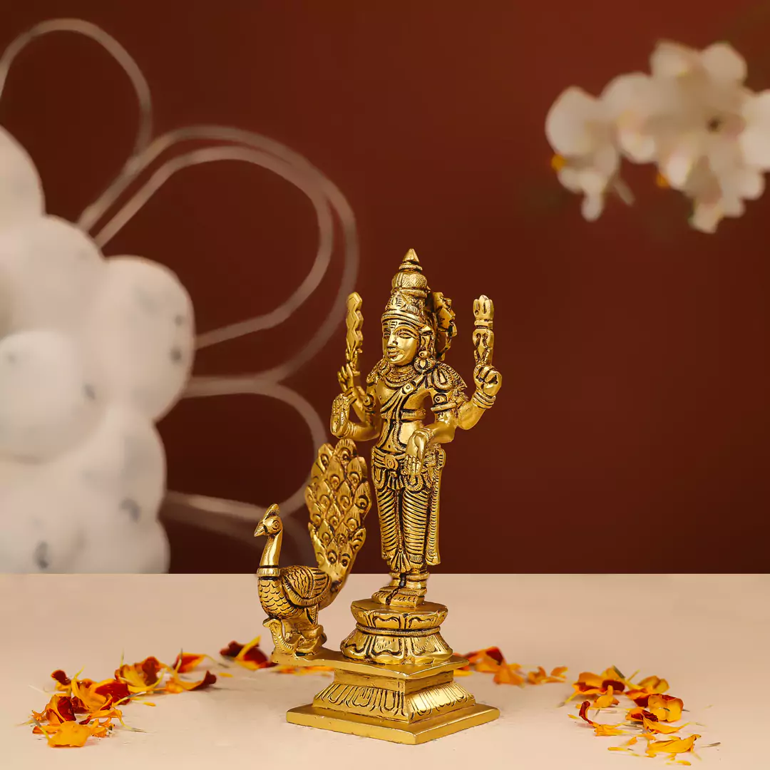 8" Brass Kartikeya Murugan Swami With Peacock Idol - Image 2