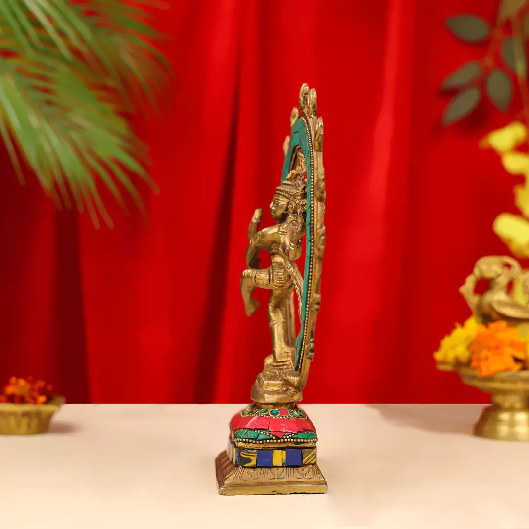 9" Brass Lord Natraj Dancing Shiva Idol Inlay Stonework - Image 4