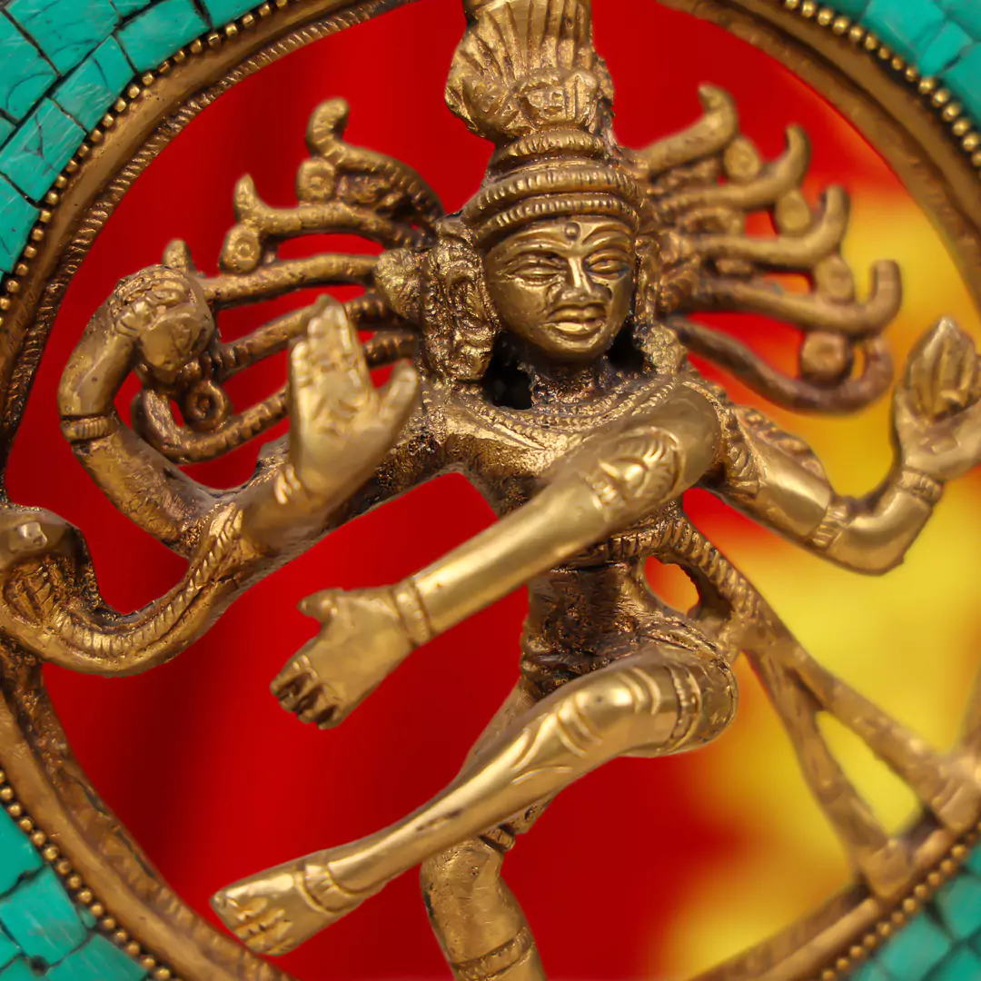 9" Brass Lord Natraj Dancing Shiva Idol Inlay Stonework - Image 6