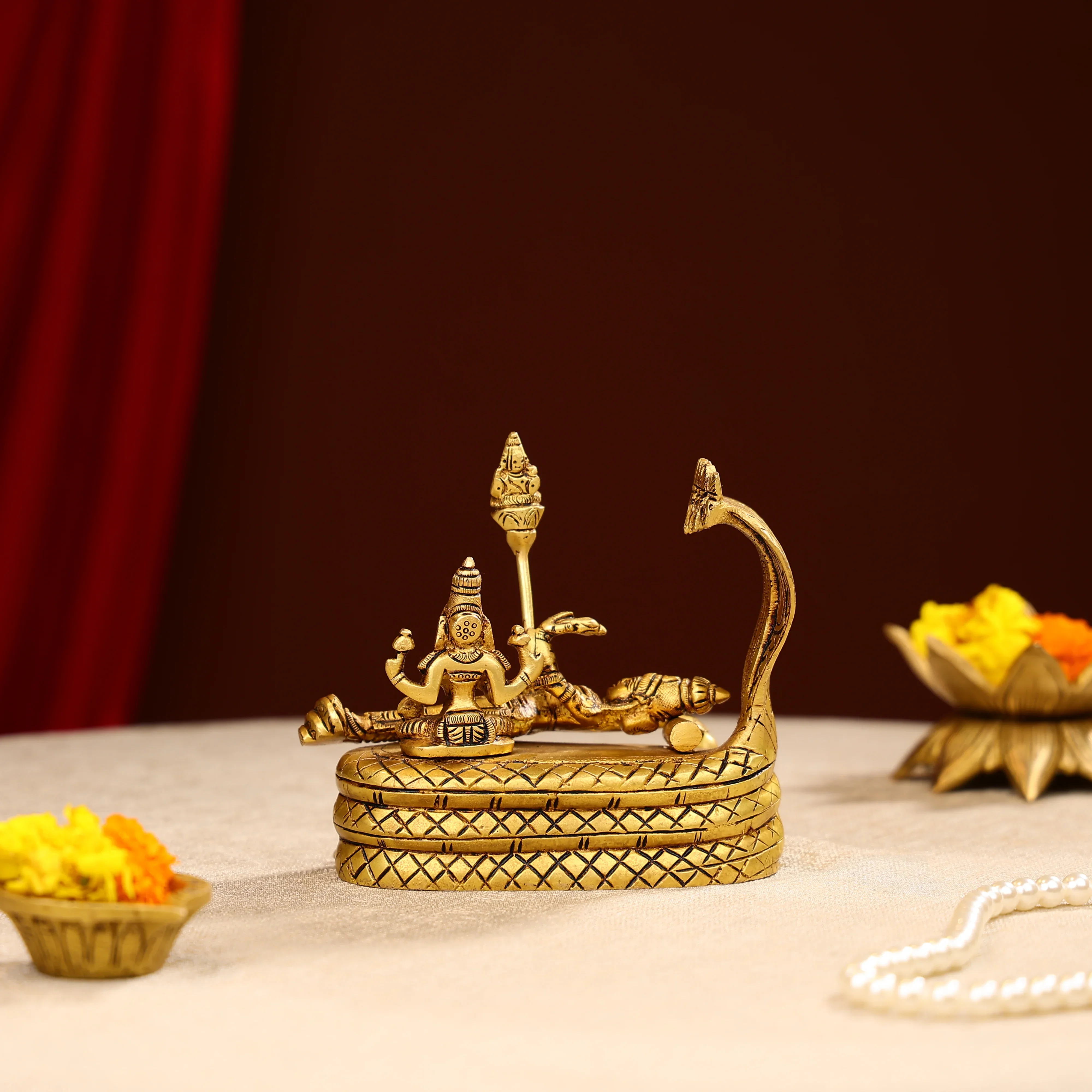 Brass Lord Vishnu Resting On Sheshnag Singhasan - Image 4