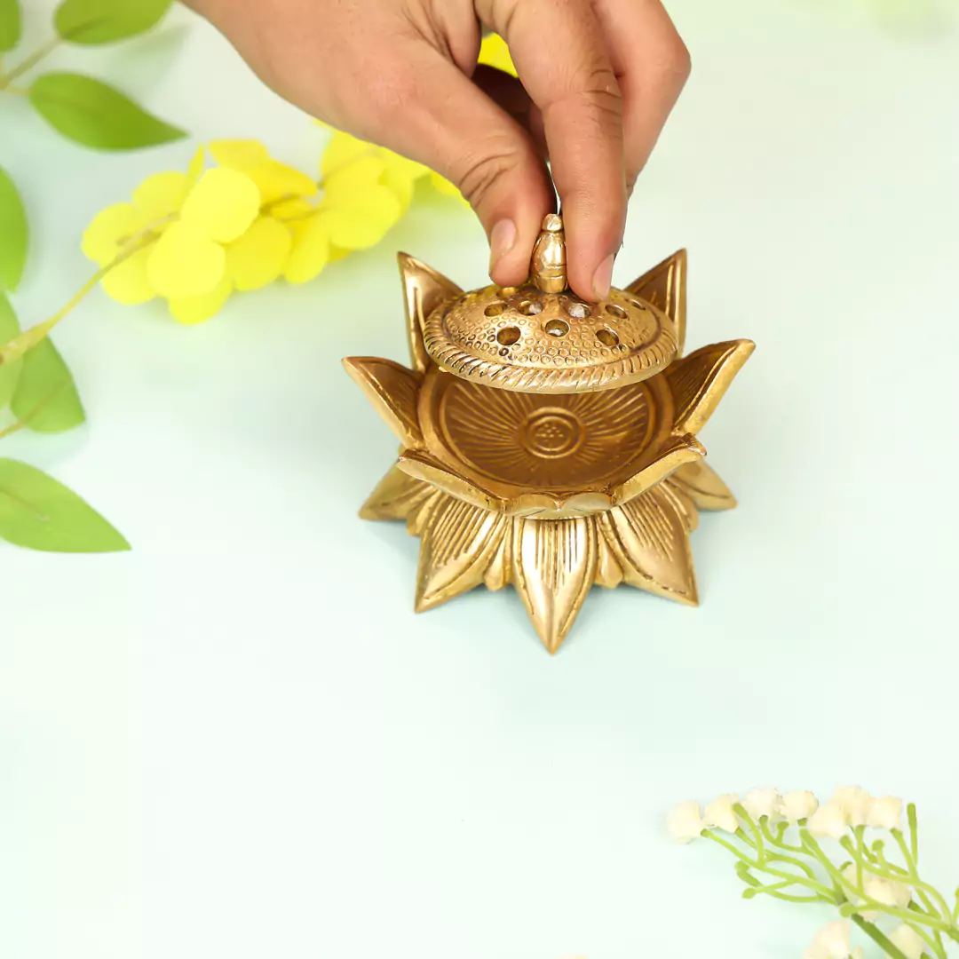 3" Brass Lotus Shaped Designer Incense Holder - Image 4