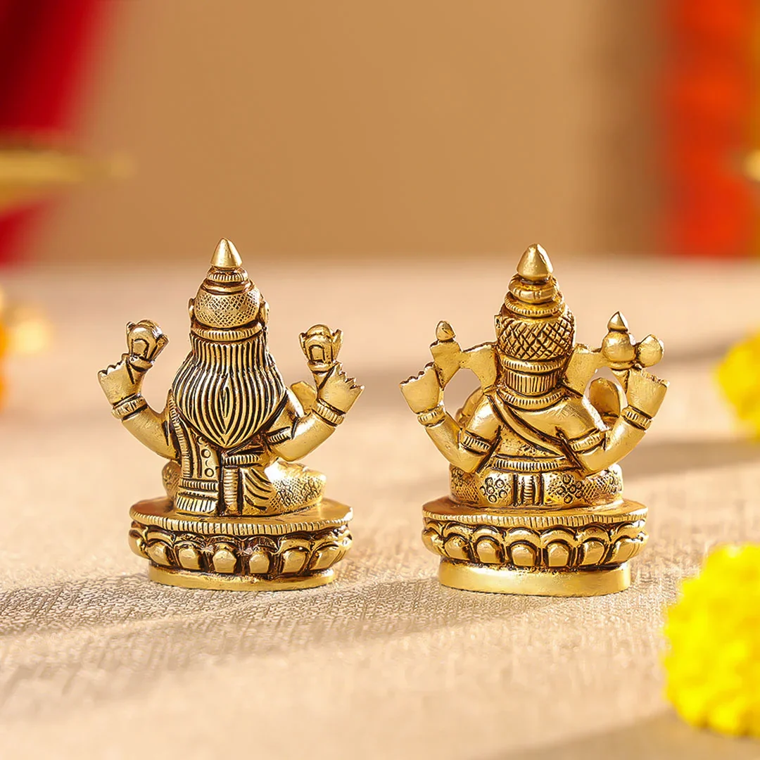 3" Brass Lord Ganesha & Laxmi Seated on Lotus Oval Base Idol Set - Image 3