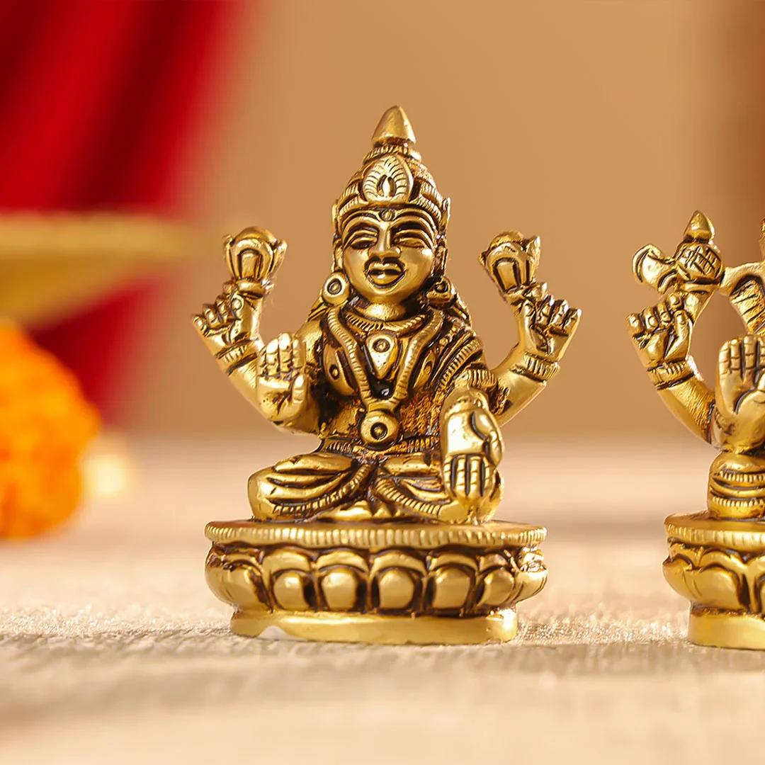 3" Brass Lord Ganesha & Laxmi Seated on Lotus Oval Base Idol Set - Image 5