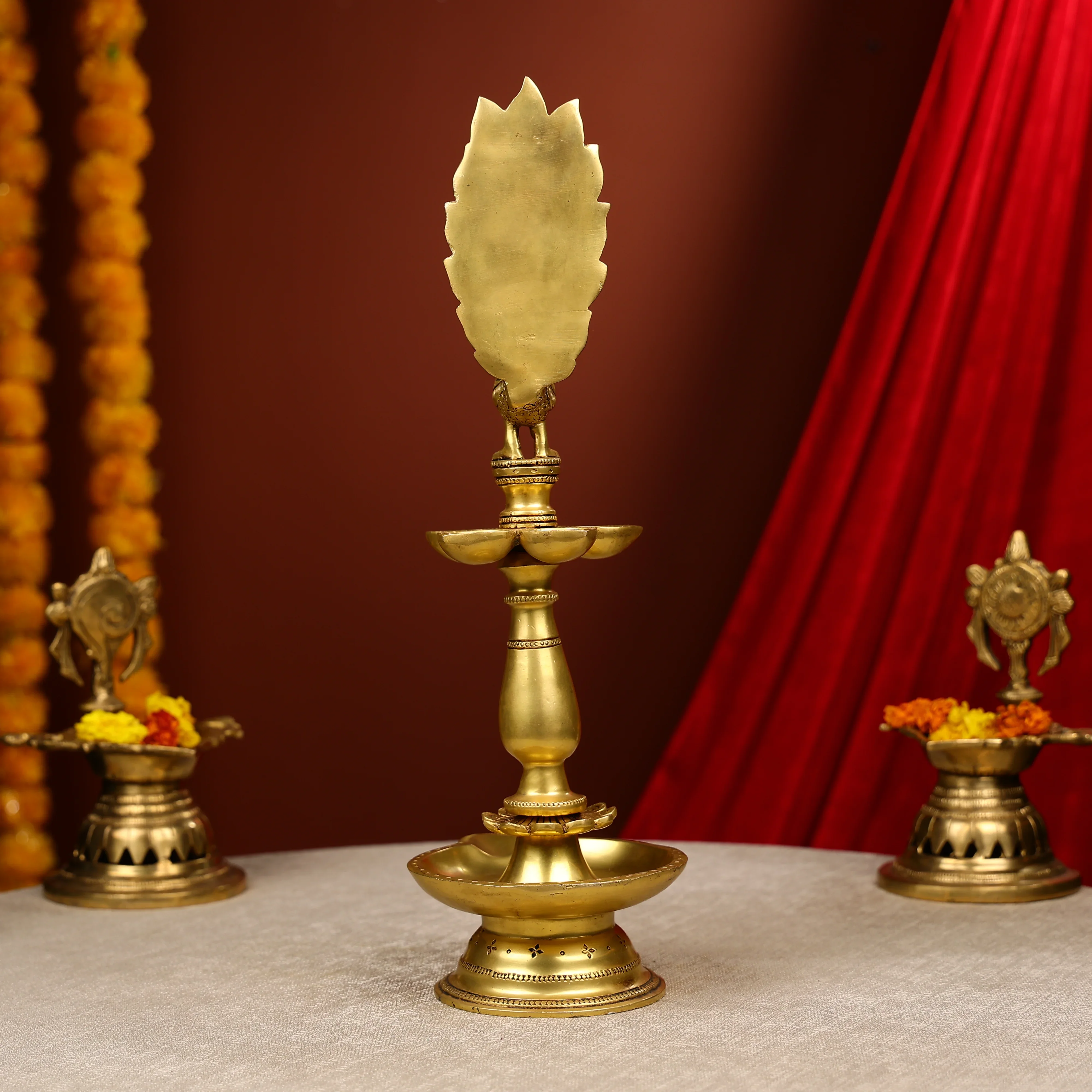 17" Super Fine Brass Multi Level Peacock Diya With 6 Lights - Image 3