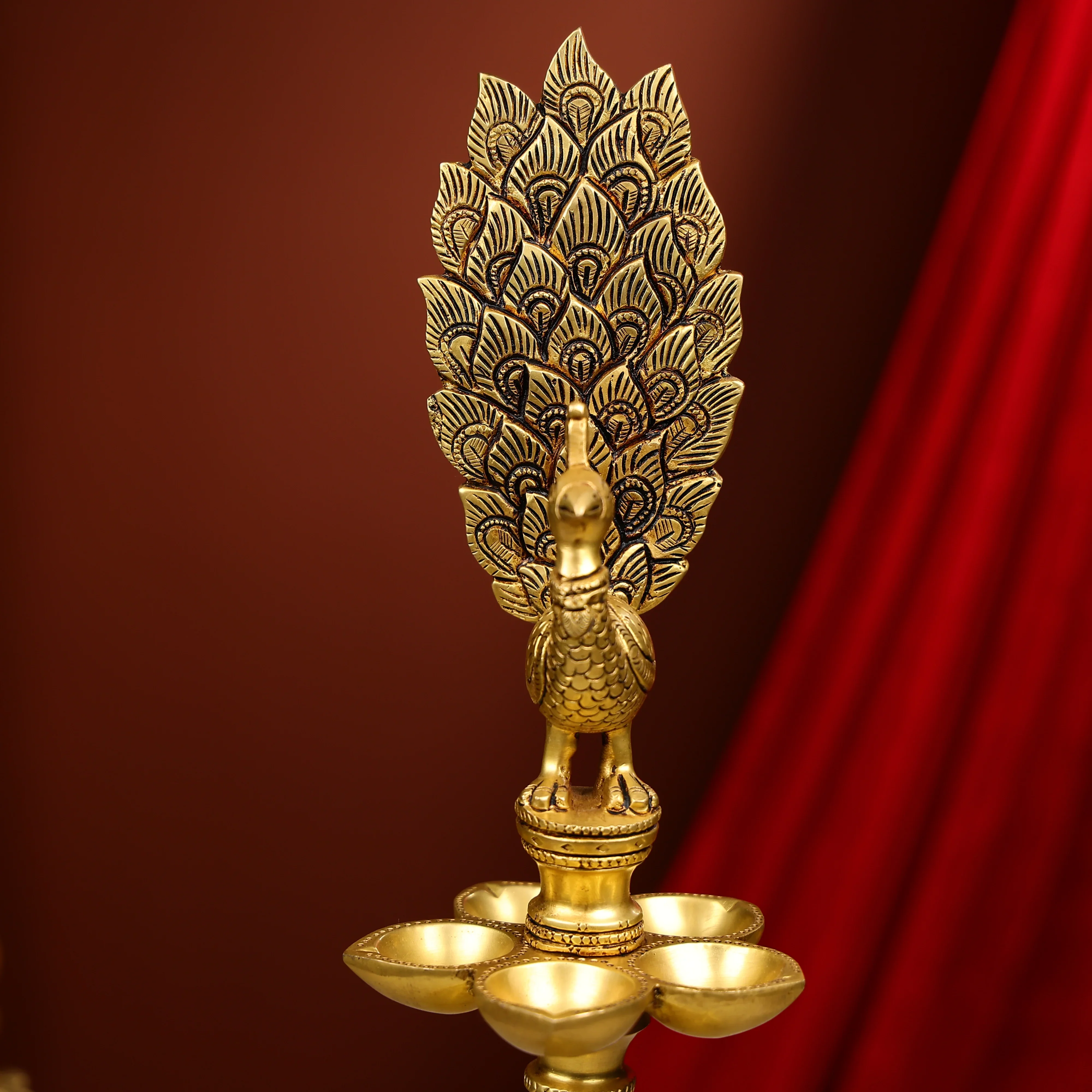 17" Super Fine Brass Multi Level Peacock Diya With 6 Lights - Image 4