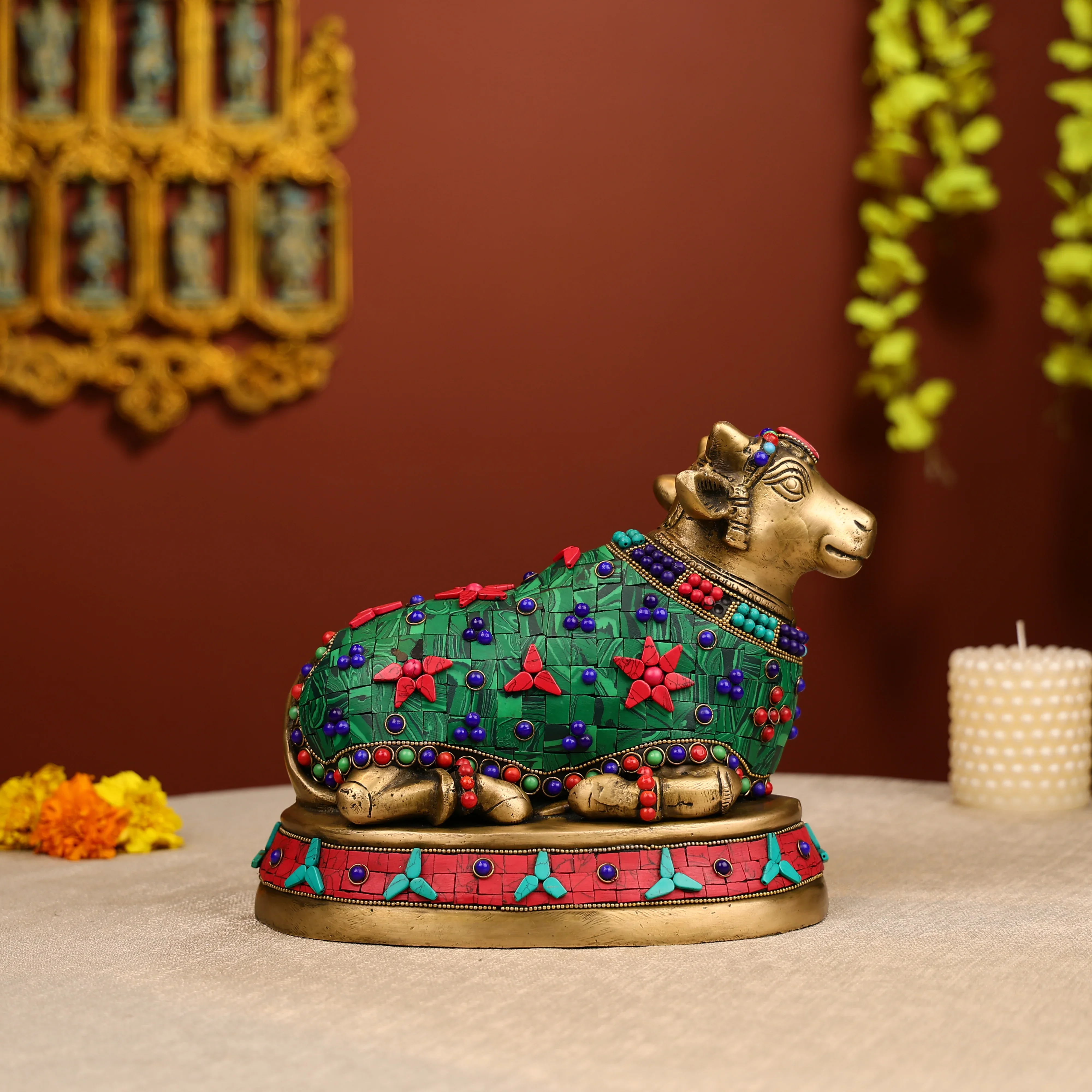 8" Stone Worked Brass Lord Nandi Idol - Image 4
