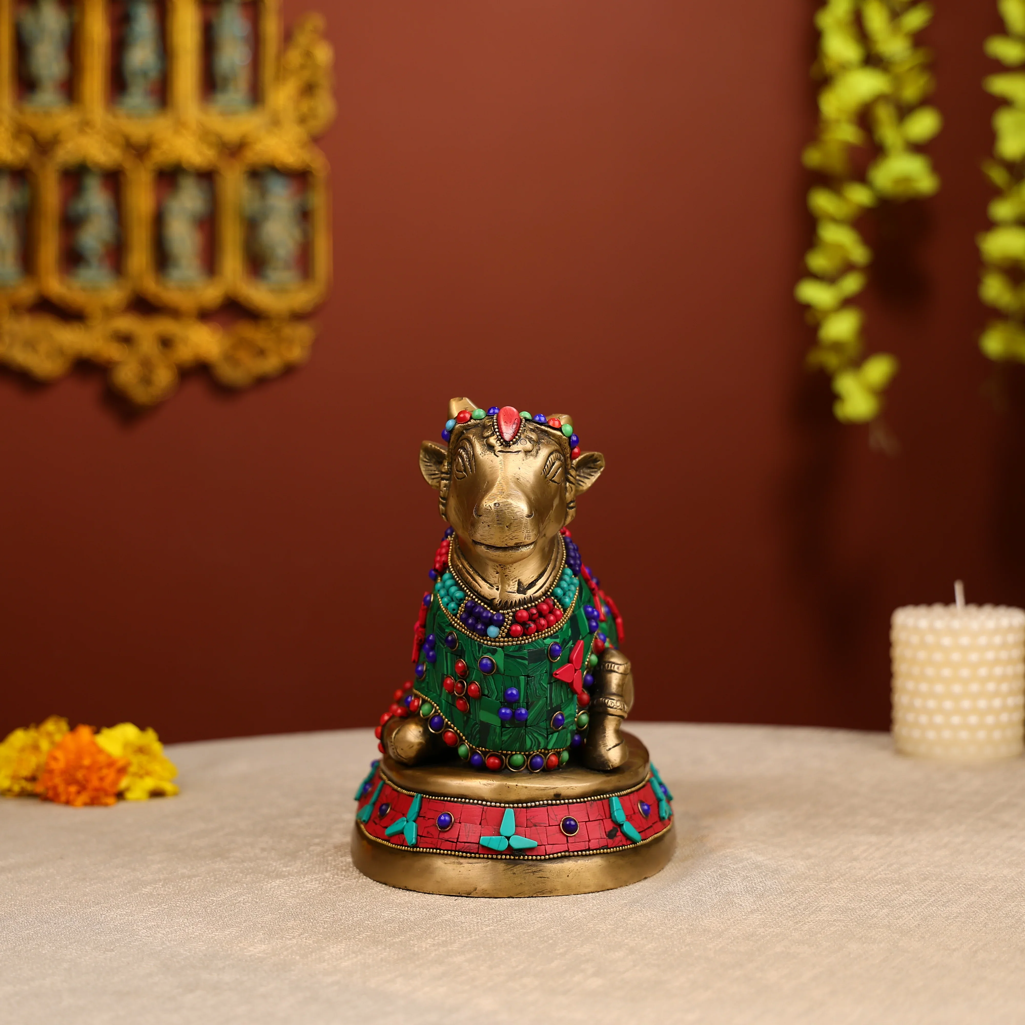 8" Stone Worked Brass Lord Nandi Idol - Image 5
