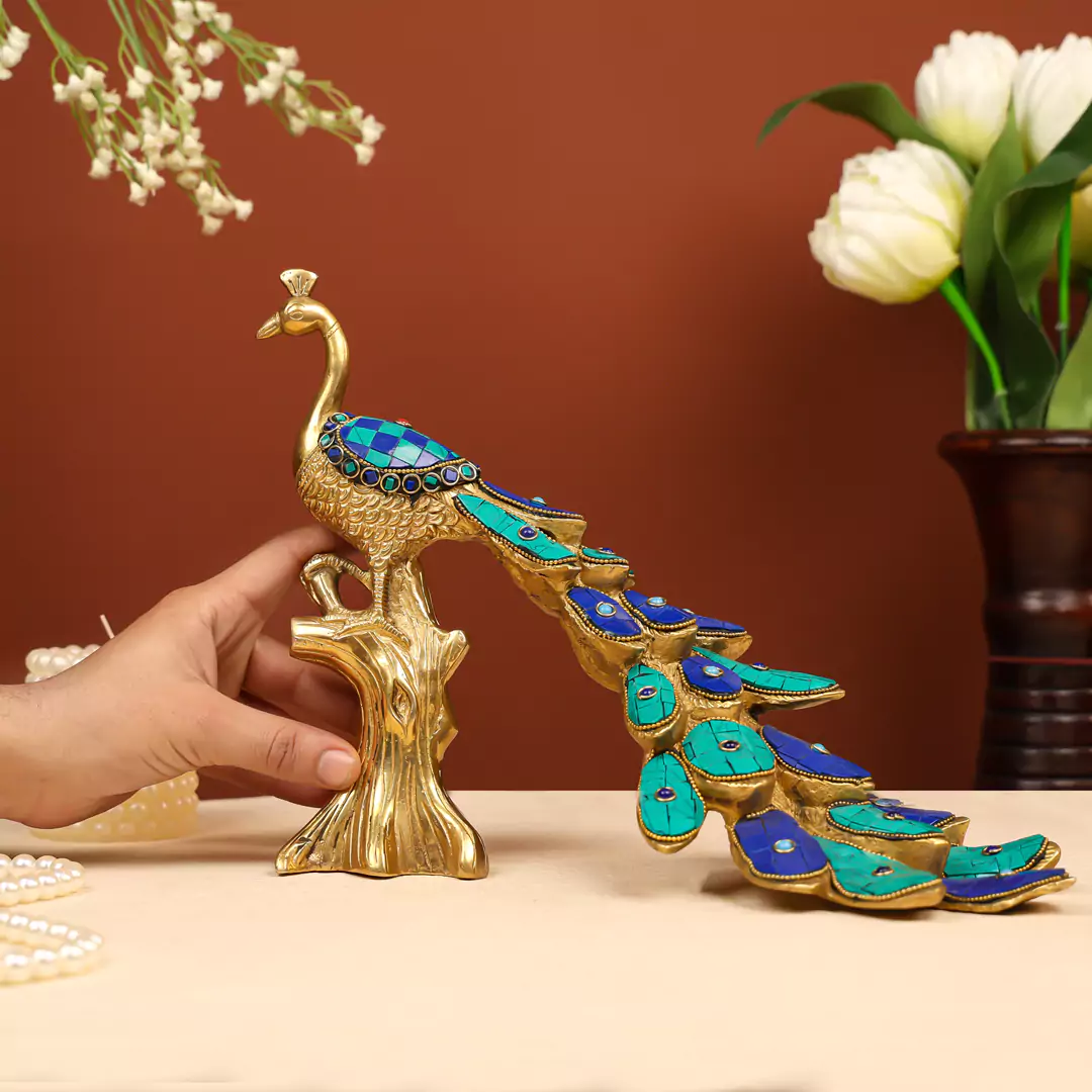 13" Brass Peacock Inlay Stonework - Table Decor - Image 4