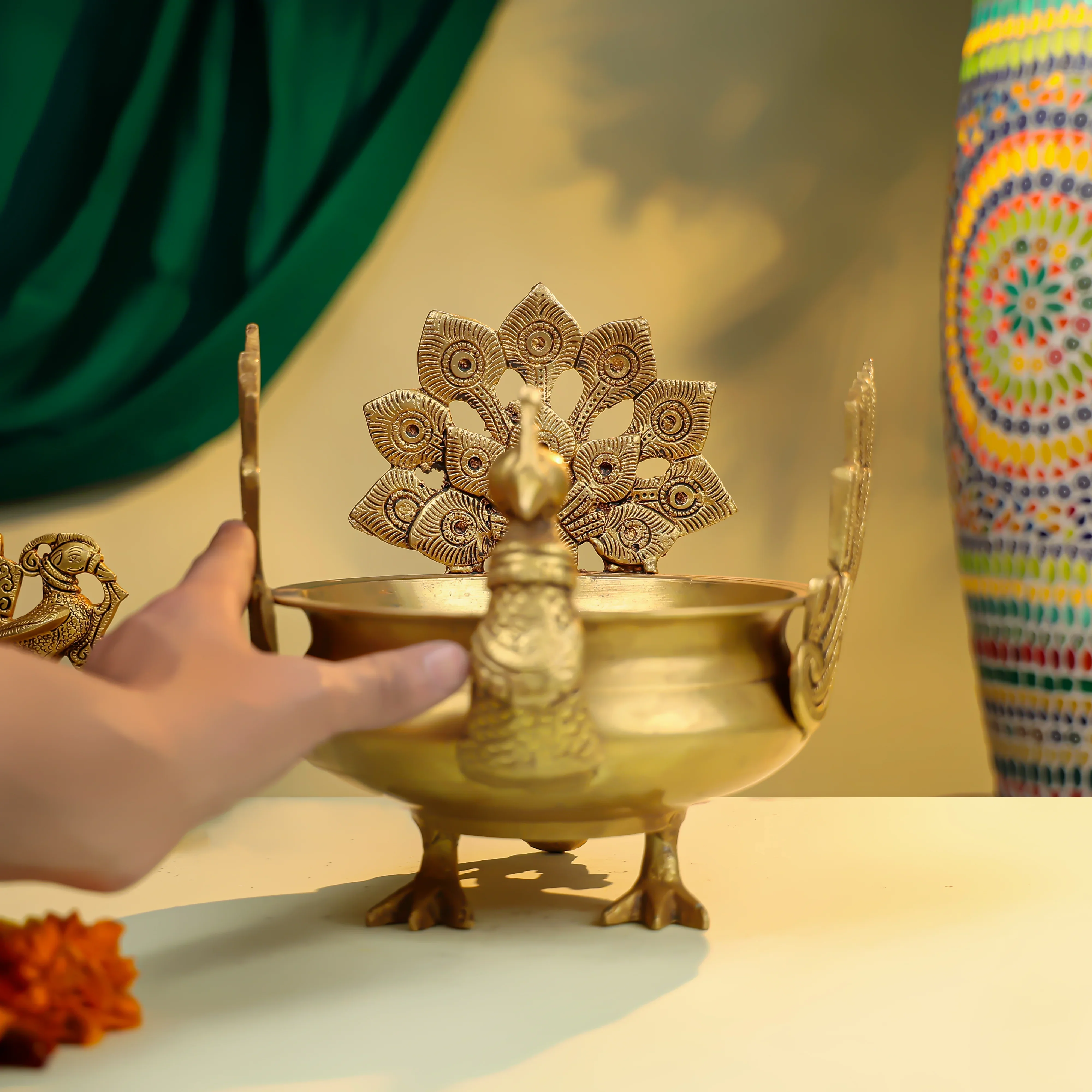 8" Brass Peacock Urli - Image 6
