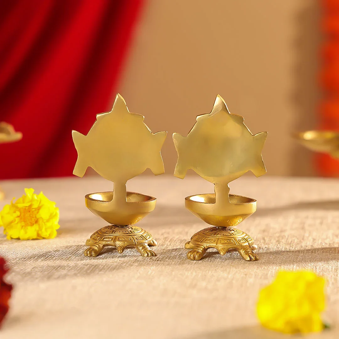 4.25" Brass Shankh And Chakra Diya On Tortoise Set - Image 6