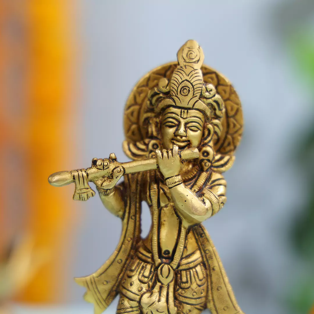 Brass Statue Of Lord Krishna On A Lotus Base - Image 4