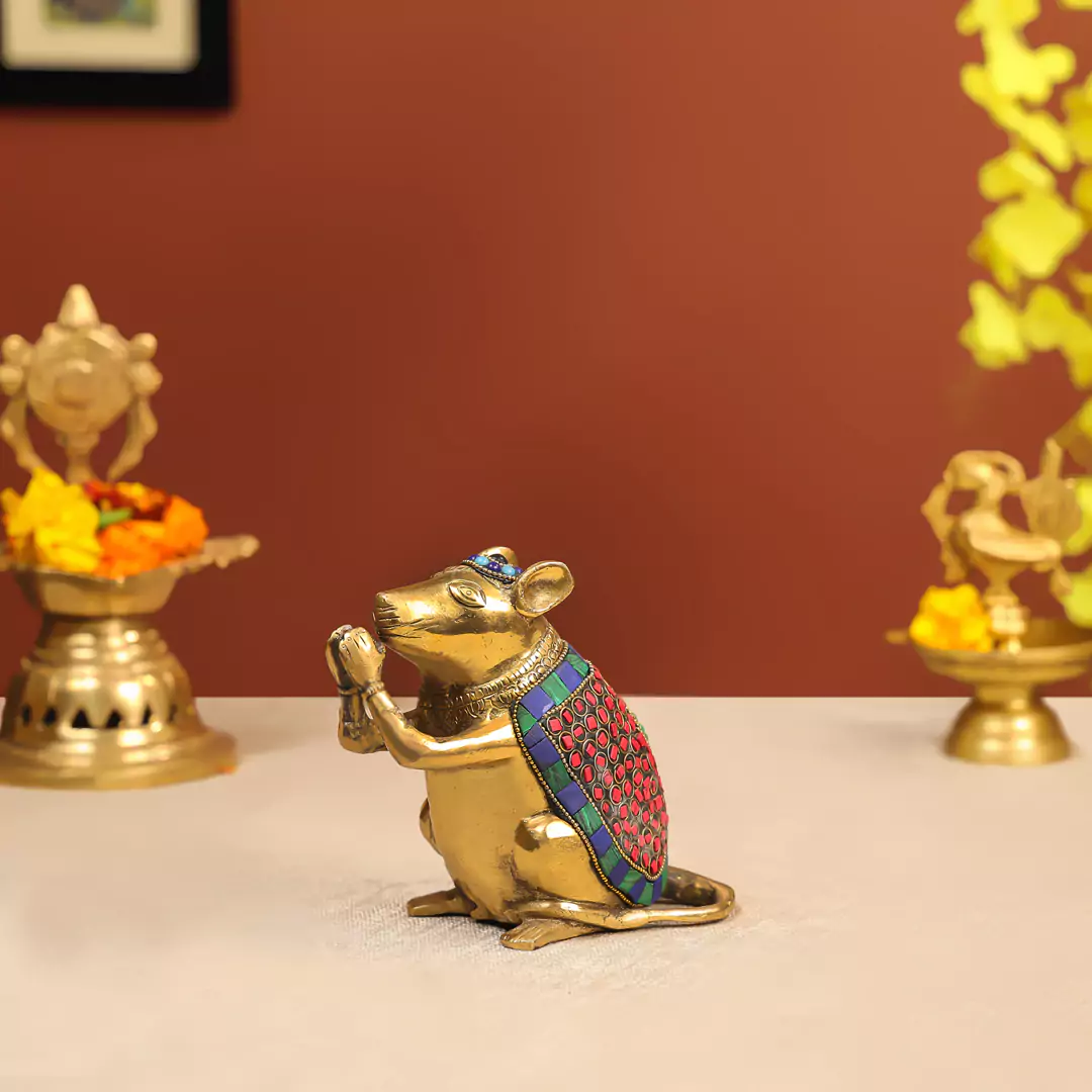 Brass Stone Embellished Ganesha’s Mushakraj - Image 3
