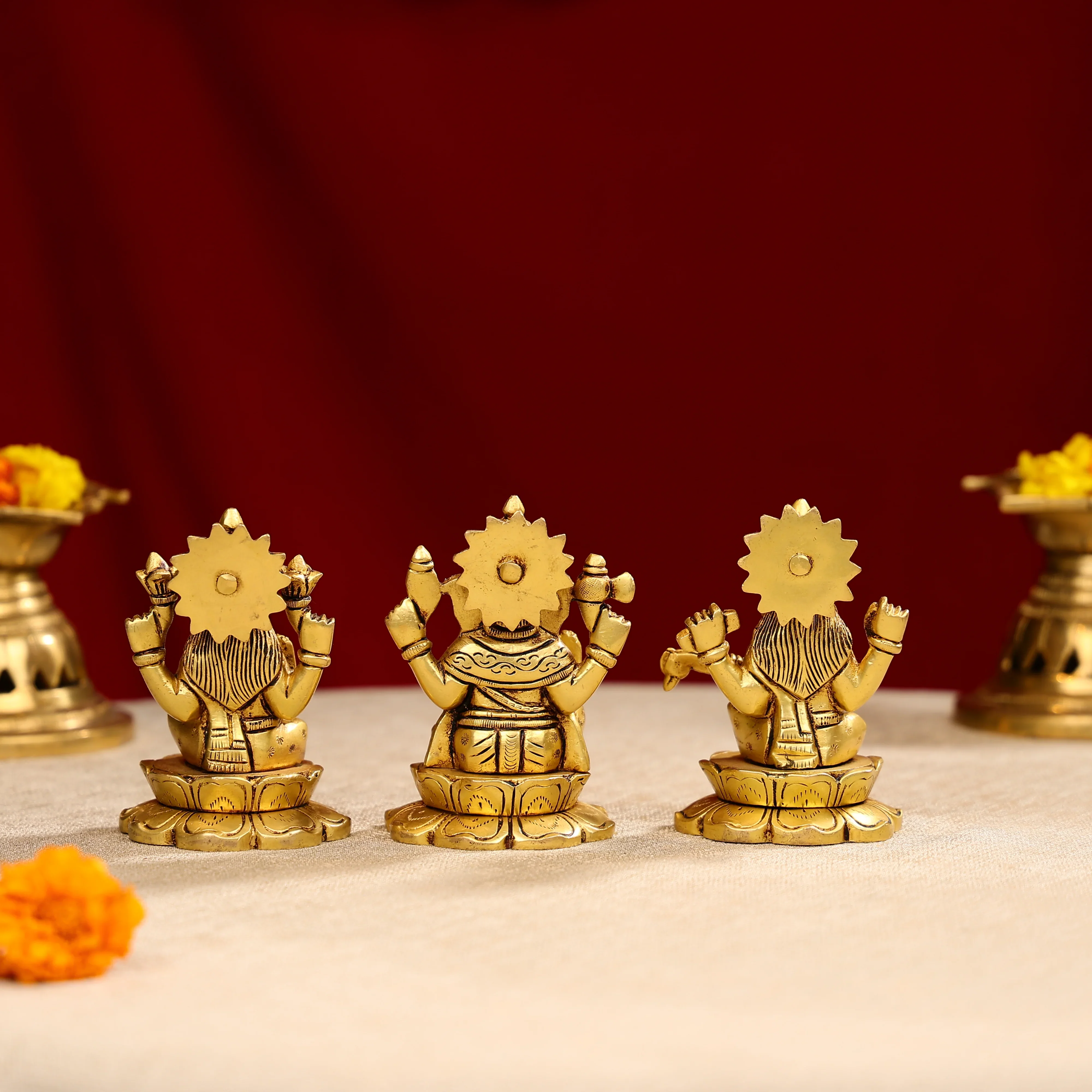 4.25" Brass Super Fine Goddess Laxmi, Lord Ganesha & Goddess Saraswati Trio Idols Seated On Lotus Base - Image 2