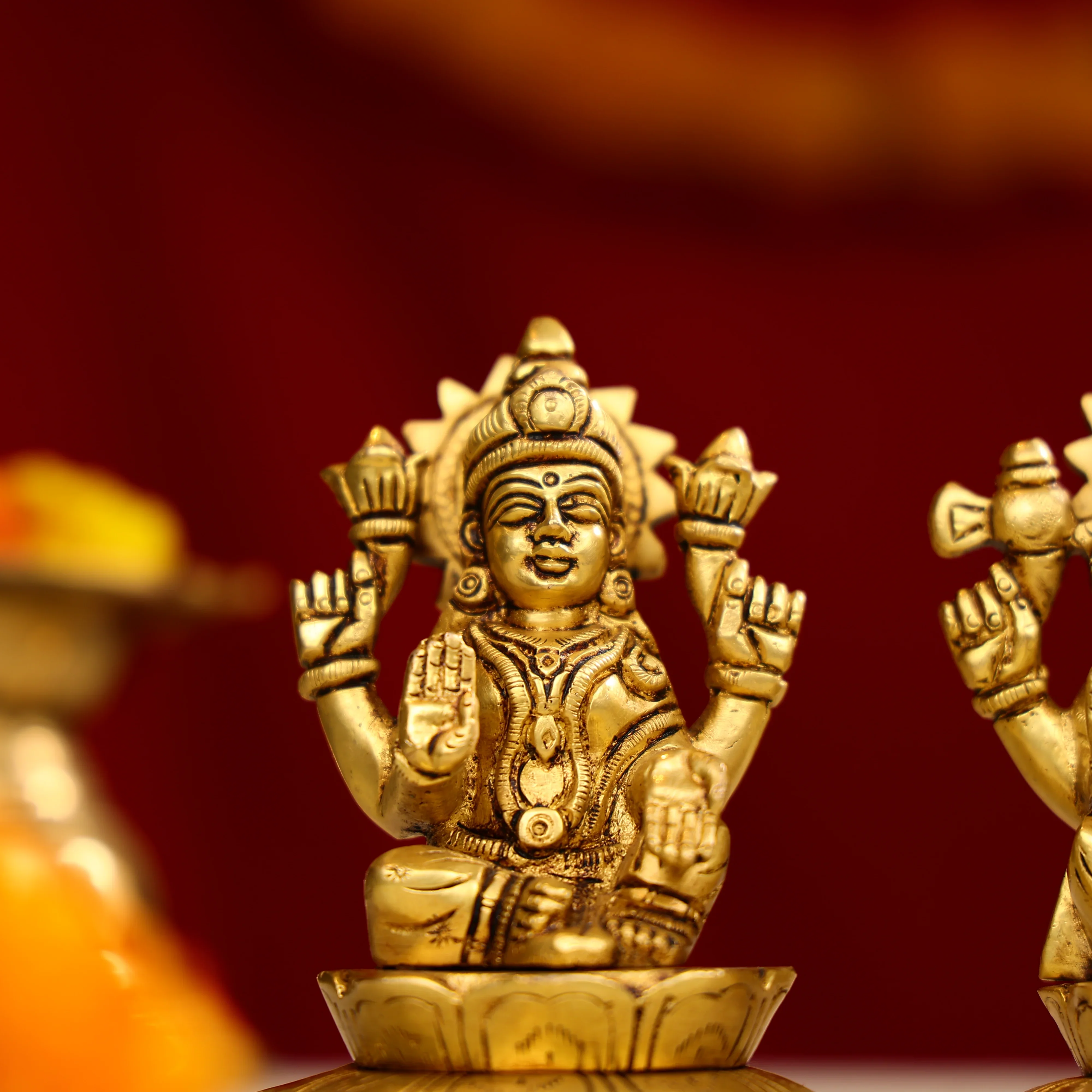 4.25" Brass Super Fine Goddess Laxmi, Lord Ganesha & Goddess Saraswati Trio Idols Seated On Lotus Base - Image 5