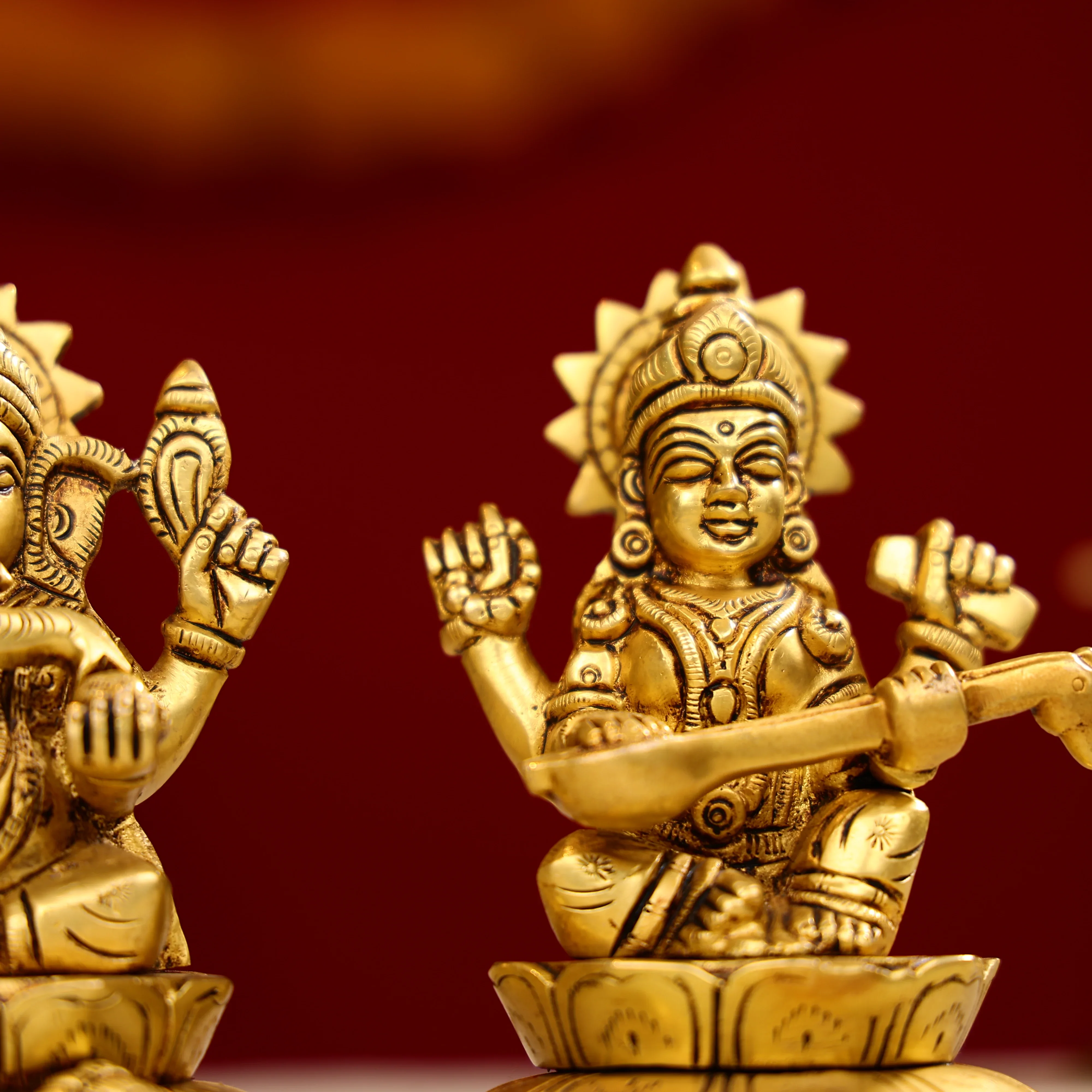 4.25" Brass Super Fine Goddess Laxmi, Lord Ganesha & Goddess Saraswati Trio Idols Seated On Lotus Base - Image 6