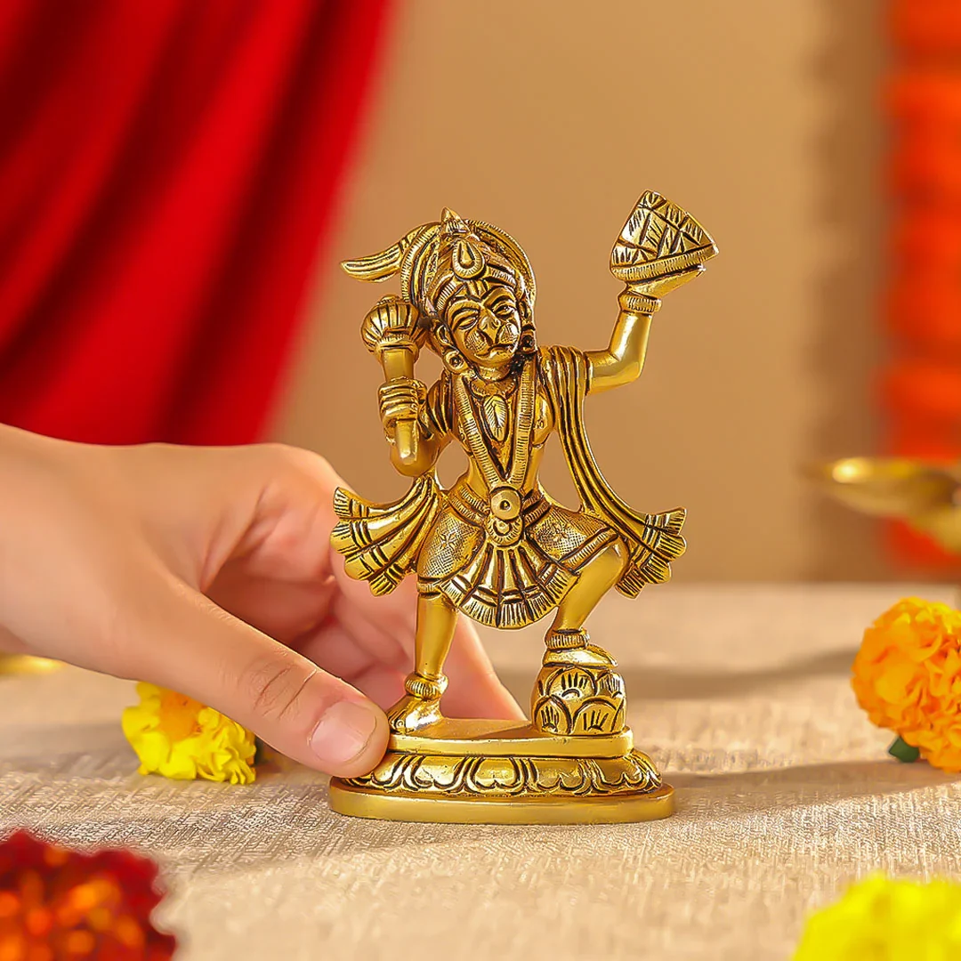 6" Brass Superfine Lord Hanuman Carrying Sanjeevani Parvat Idol - Image 2