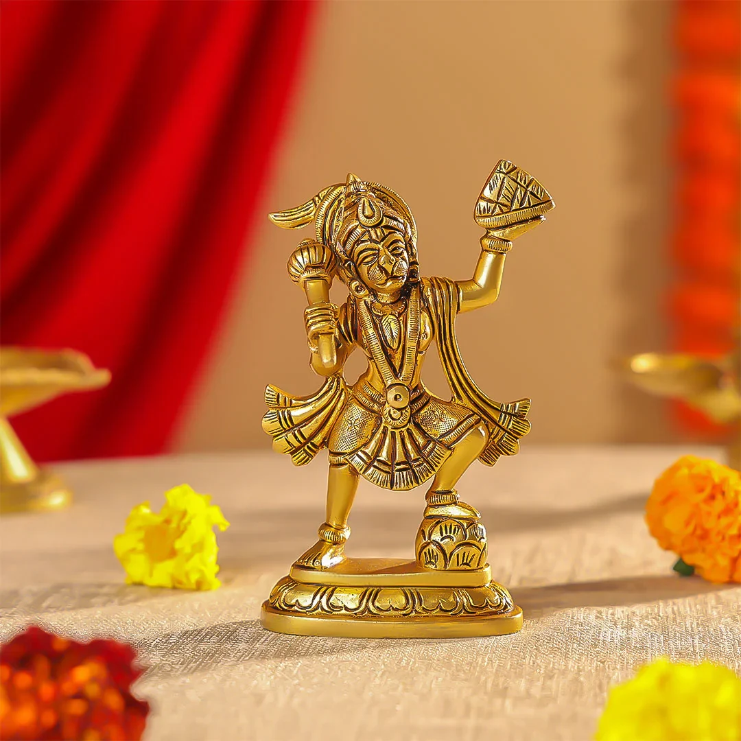 6" Brass Superfine Lord Hanuman Carrying Sanjeevani Parvat Idol - Image 4