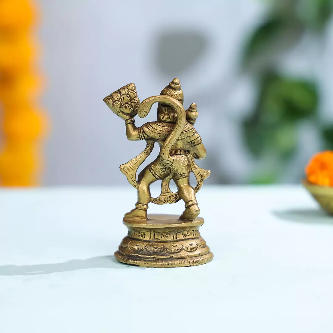 4" Brass Superfine Lord Hanuman Idol Carrying Sanjeevani On Oval Base - Image 3