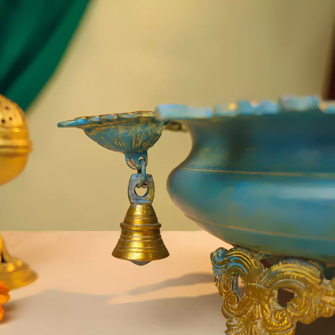 Brass Urli With Diyas On The Edge With Bells - Image 3