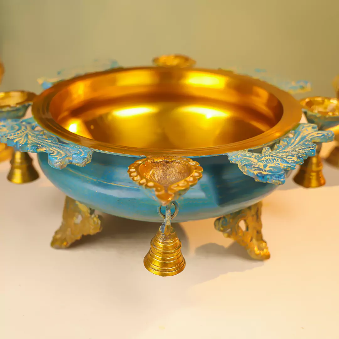 Brass Urli With Diyas On The Edge With Bells - Image 4
