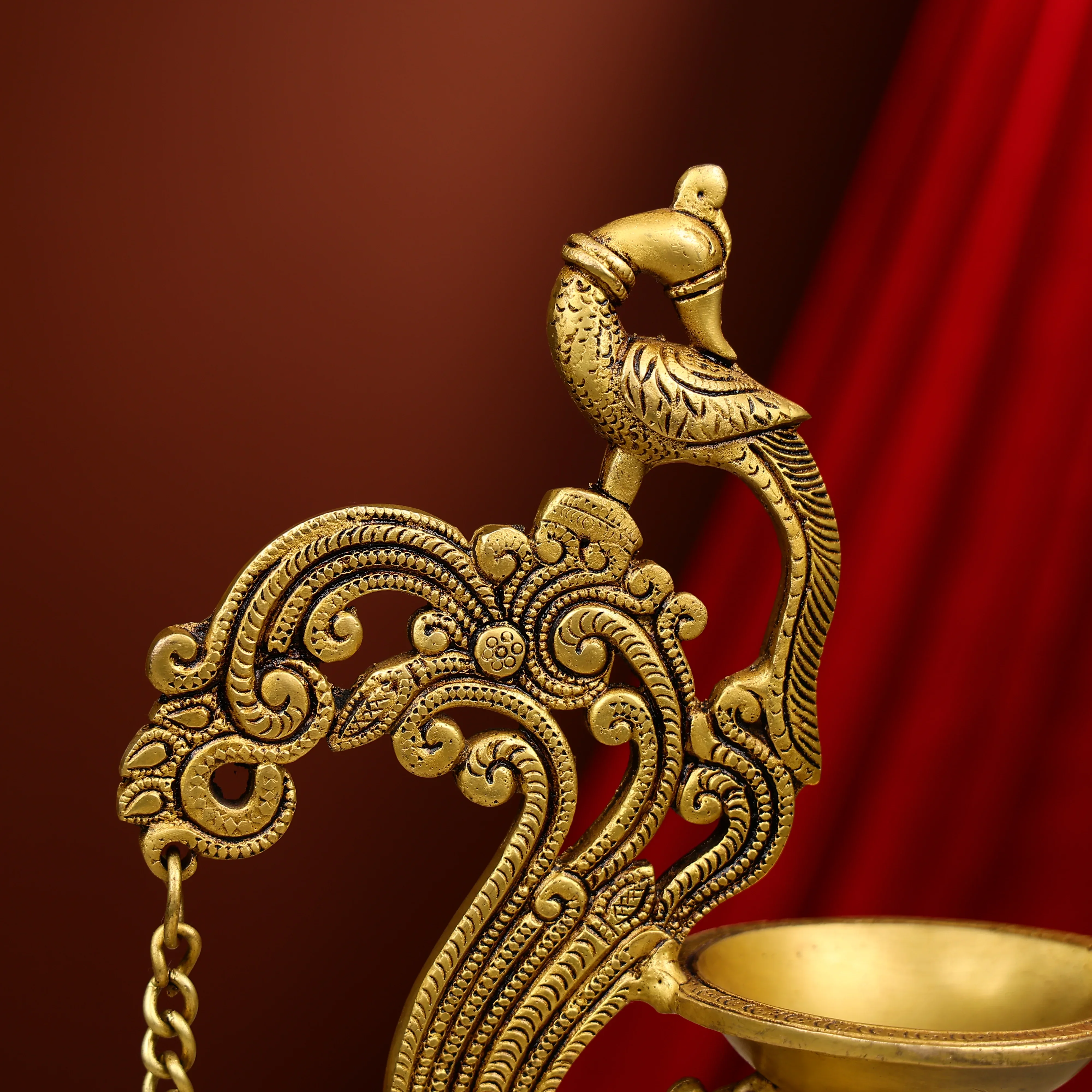 12" Brass Peacock Design Brass Diya With Bell - Image 3