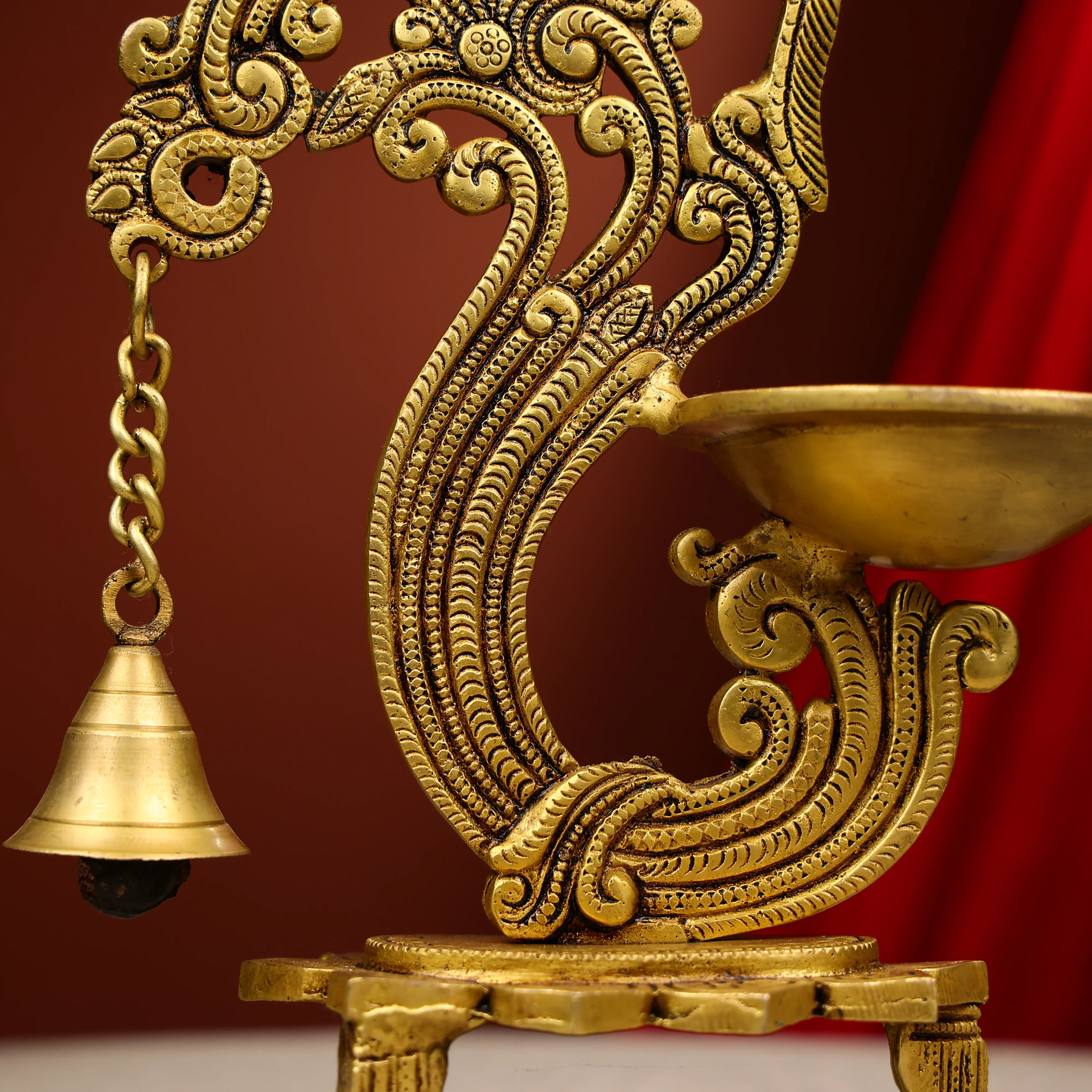 12" Brass Peacock Design Brass Diya With Bell - Image 4