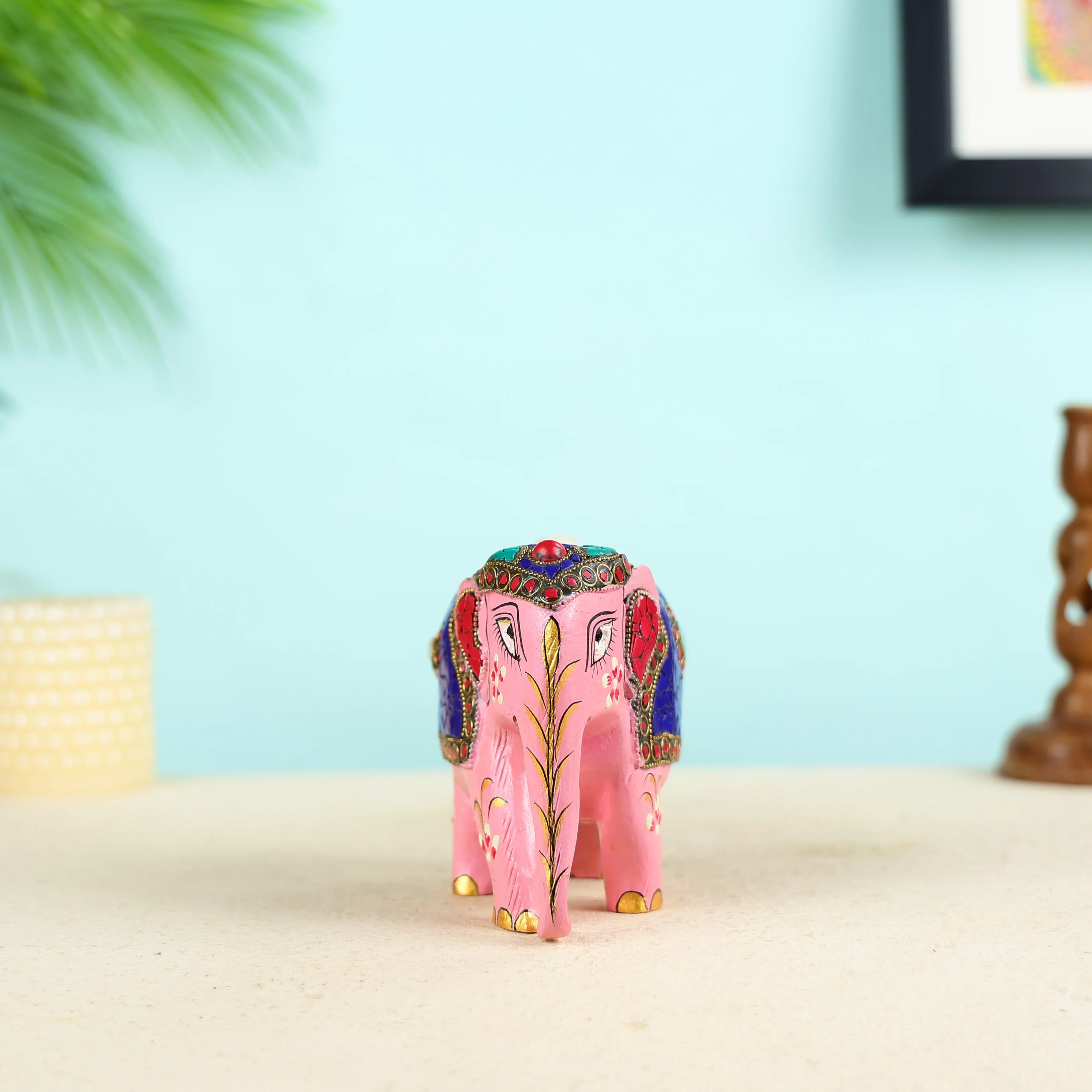Carved Pink Colour Elephant Sculpture - Image 3