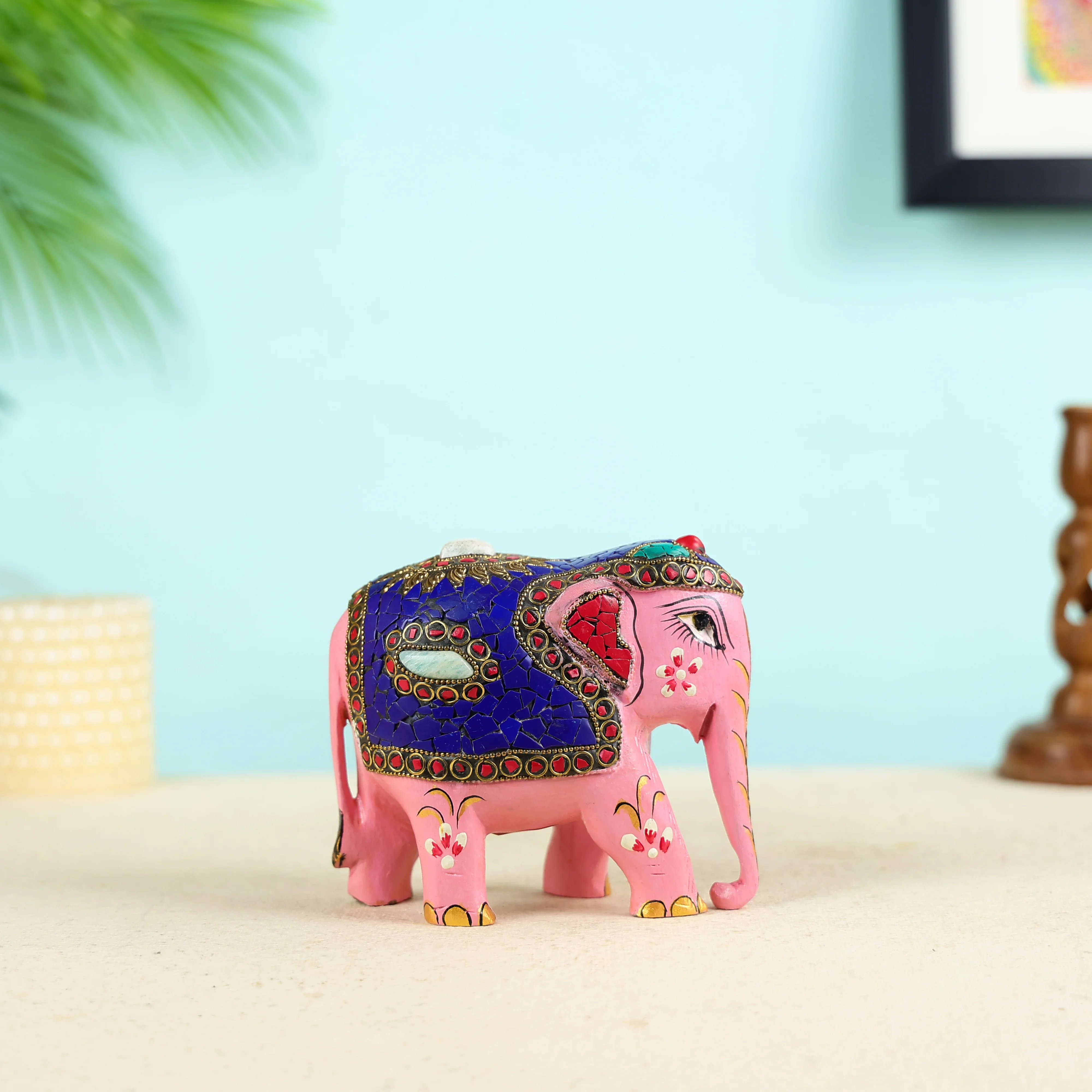 Carved Pink Colour Elephant Sculpture - Image 4