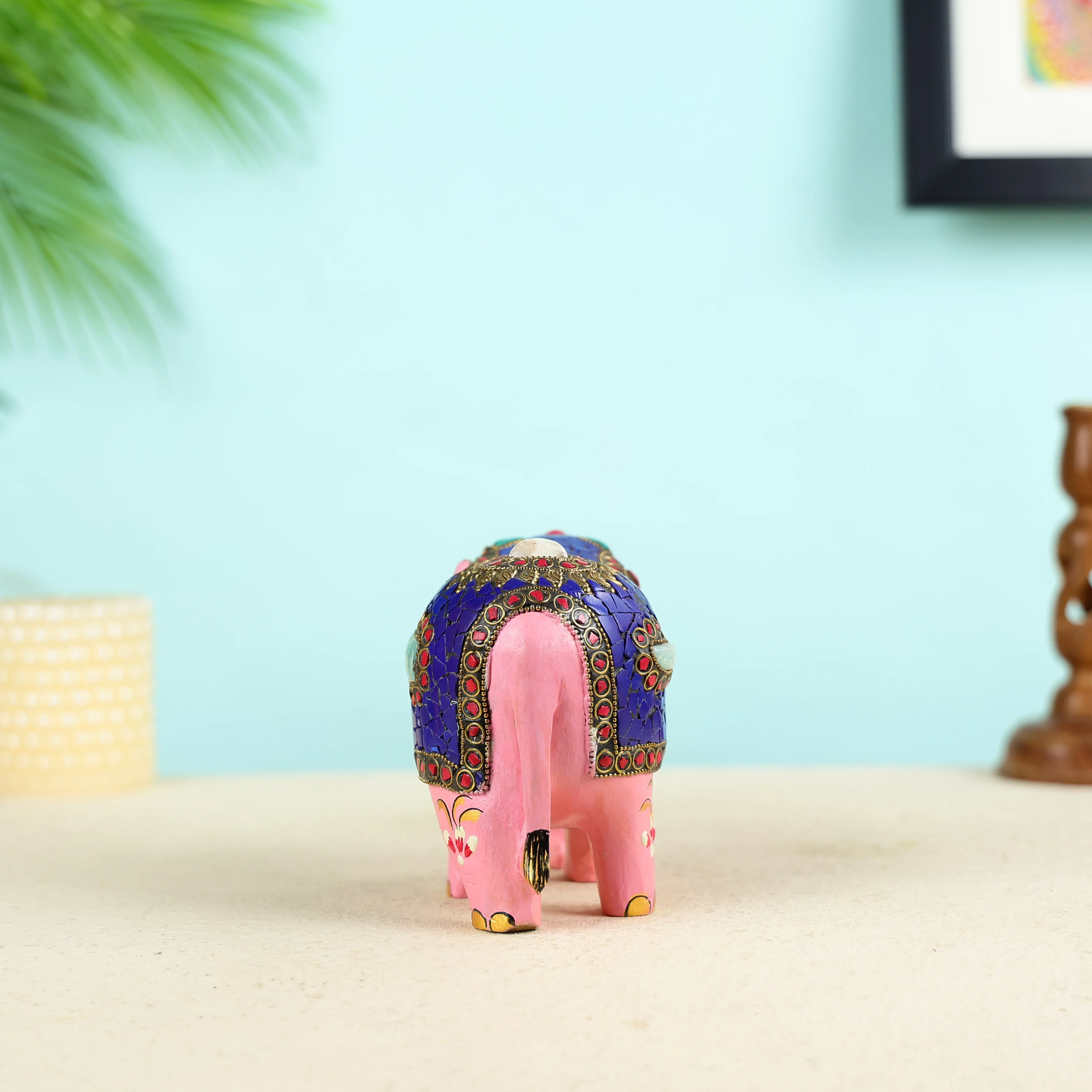 Carved Pink Colour Elephant Sculpture - Image 5