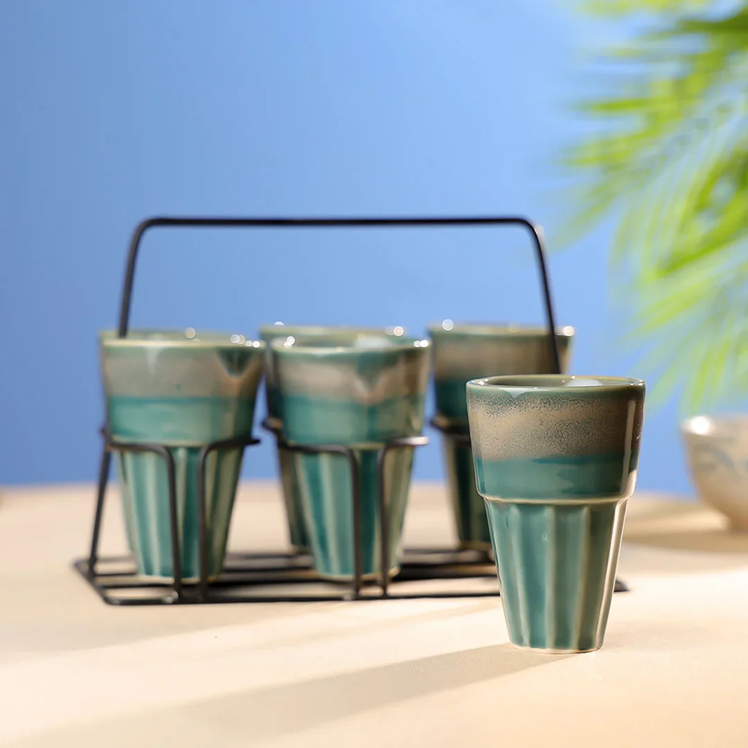 Ceramics 6 Tea Cups Set with Vintage Stand - Image 3
