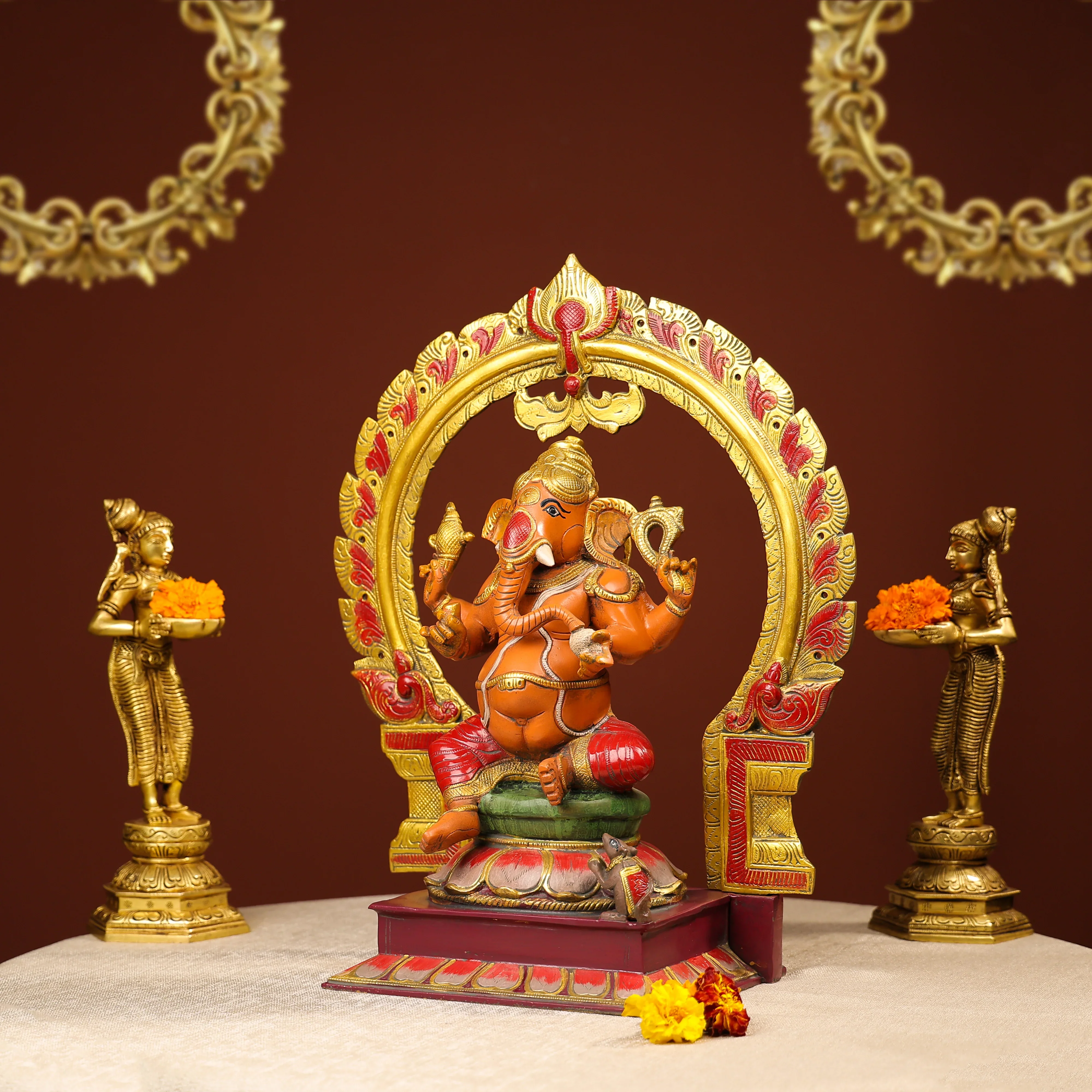Coloured Brass Idol Of Lord Ganesh On Lotus - Image 2